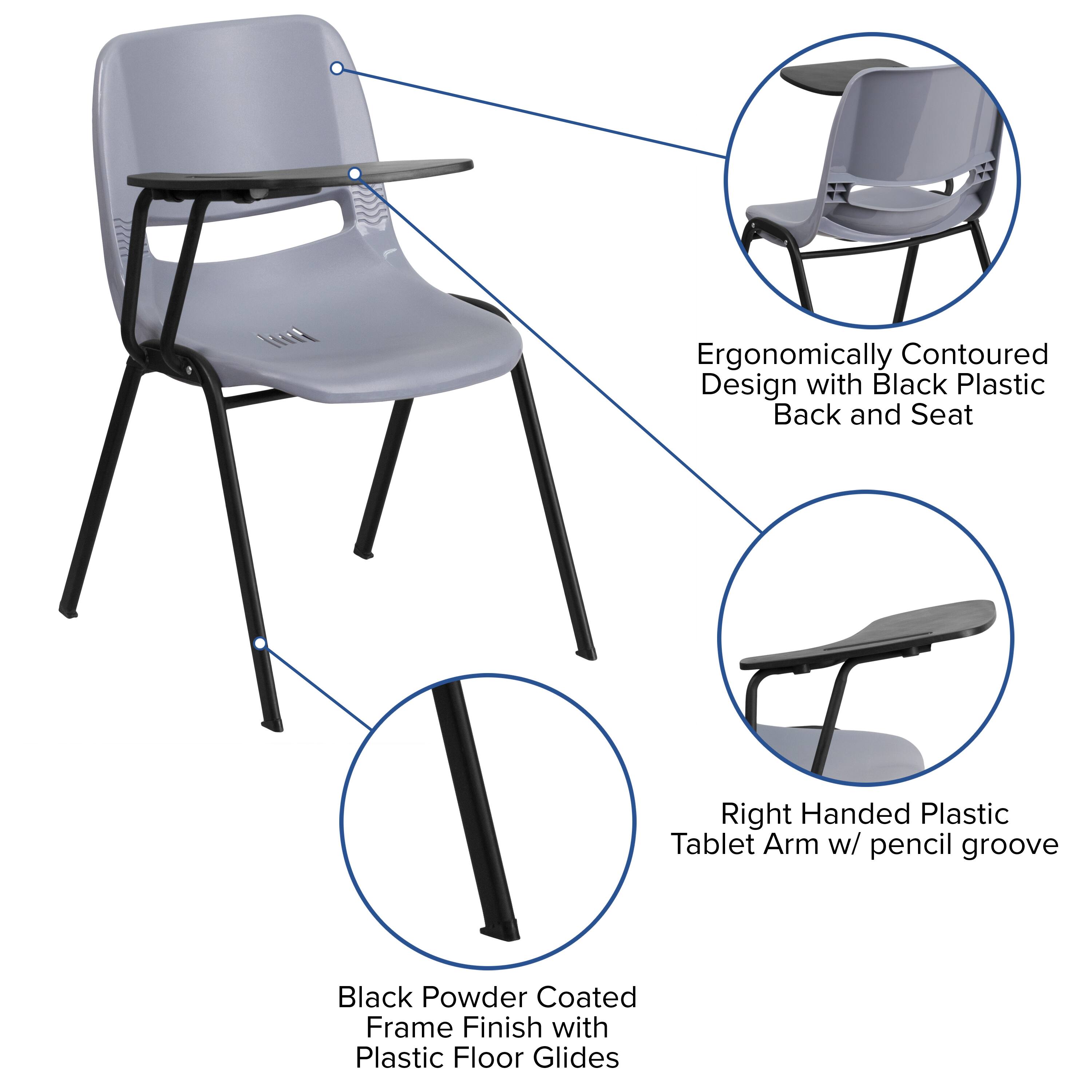 Ergonomically Contoured Design with Black Plastic Back and Seat  
Right Handed Plastic Tablet Arm w/ pencil groove  
Black Powder Coated Frame Finish with Plastic Floor Glides