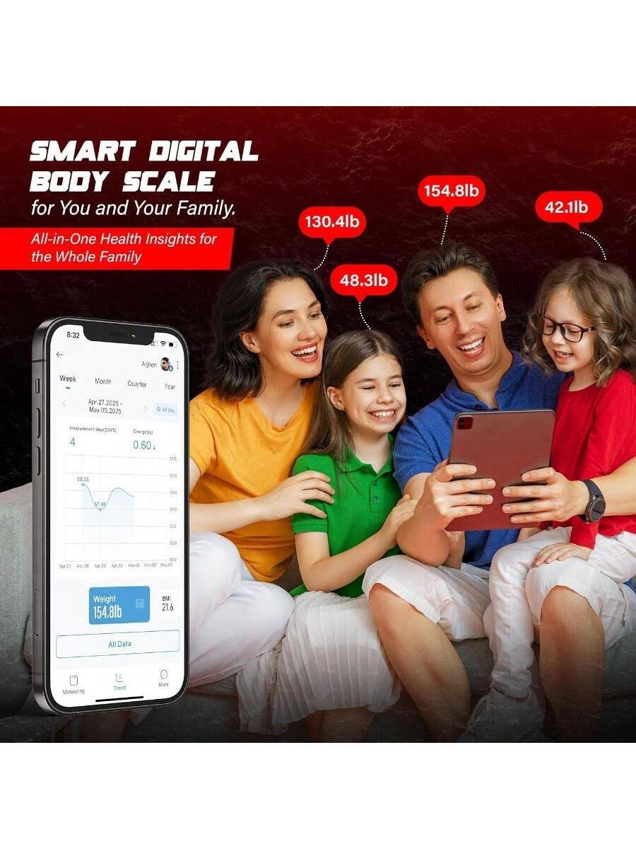 SMART DIGITAL BODY SCALE  
for You and Your Family.  
All-in-One Health Insights for the Whole Family  

130.4lb  
48.3lb  
154.8lb  
42.1lb  

8:32  
Week Month Quarter Year  
Apr 27, 2025 - May 03, 2025  

Measurement Days: 4  
Change: 0.60  

Weight: 154.8lb  
BMI: 21.6  

All Data  

Measuring Trend More