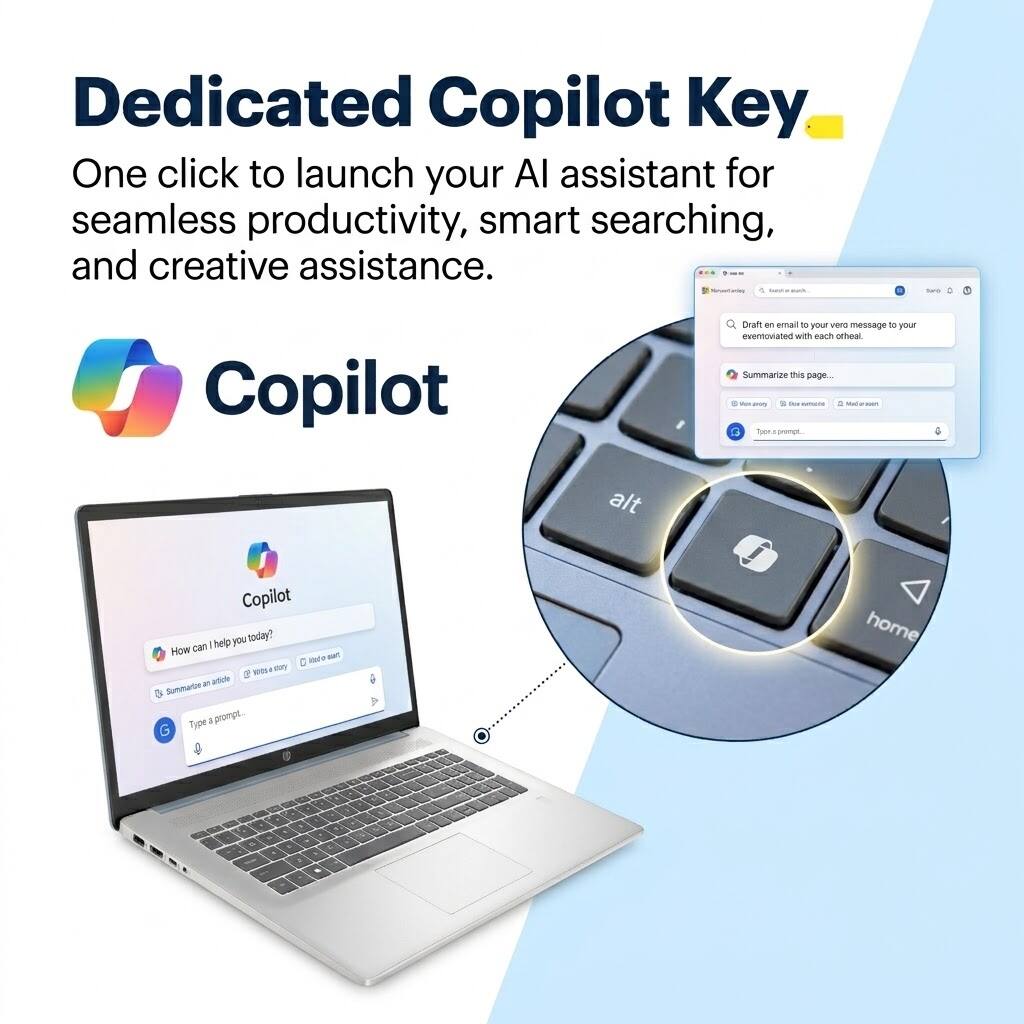 Dedicated Copilot Key  
One click to launch your AI assistant for seamless productivity, smart searching, and creative assistance.  

Copilot  

How can I help you today?  
- Summarize an article  
- Write a story  
- More ideas  

Draft an email to your vero message to your eventoviated with each otheral Summarize this page...  
Cookie The avmore .. Medial Type prompt...  
alt  
Copilot help you today? How can Noto eart 2018 stry at article Summarte Type , prompt...  
home