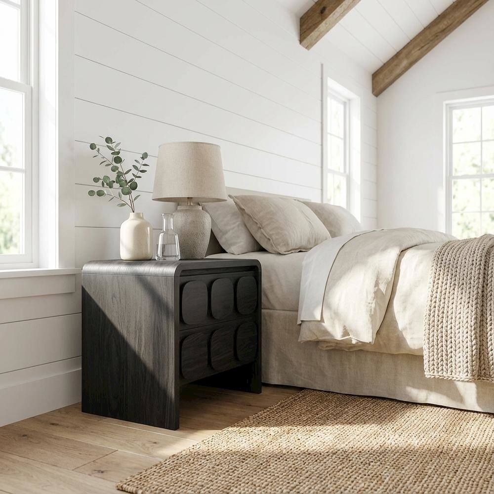 Left. FurniFact - Black Wooden Nightstand with 2 Drawers and Modern Design - Black.