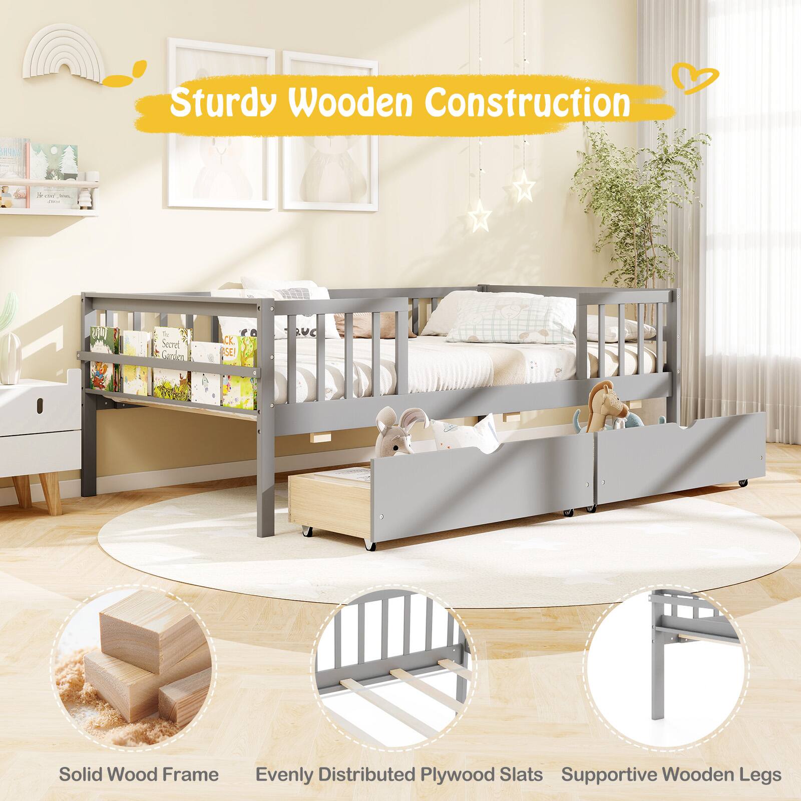 Sturdy Wooden Construction

- Solid Wood Frame
- Evenly Distributed Plywood Slats
- Supportive Wooden Legs