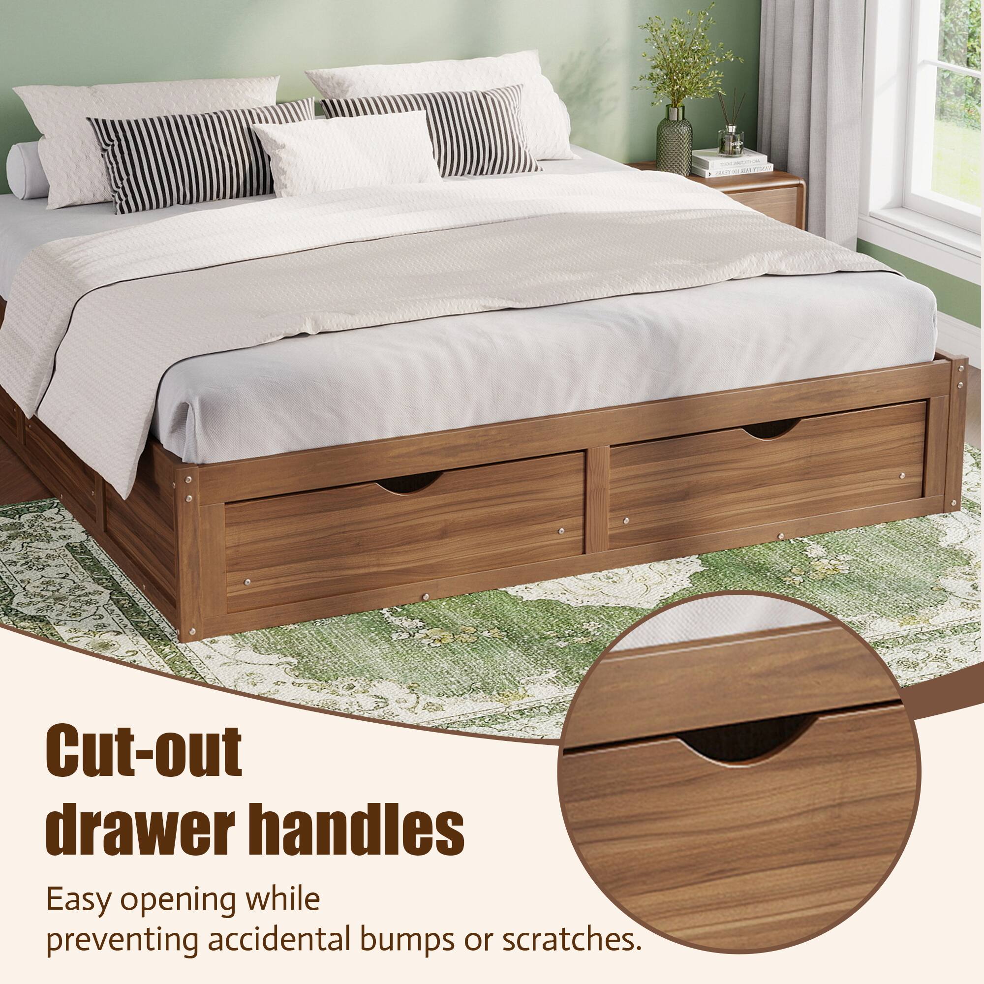 Cut-out drawer handles  
Easy opening while preventing accidental bumps or scratches.