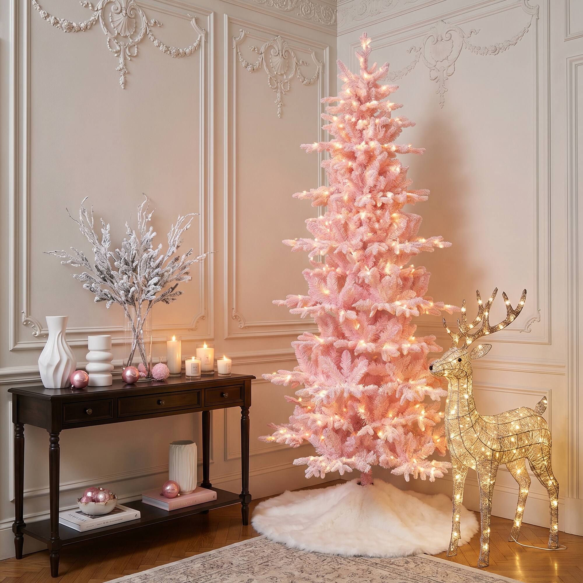 Alt View 8. Glitzhome - 7.5ft Deluxe Pre-Lit Flocked Slim Fir Artificial Christmas Tree with 360 Lights - Pink.