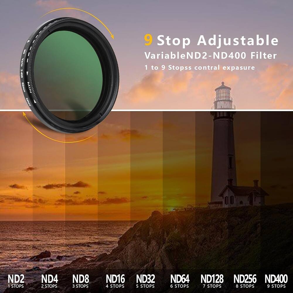 9 Stop Adjustable VariableND2-ND400 Filter  
1 to 9 Stops control exposure  

ND2 1 STOPS  
ND4 2 STOPS  
ND8 3 STOPS  
ND16 4 STOPS  
ND32 5 STOPS  
ND64 6 STOPS  
ND128 7 STOPS  
ND256 8 STOPS  
ND400 9 STOPS