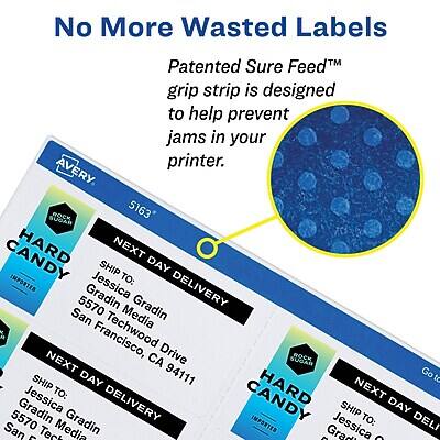 No More Wasted Labels

Patented Sure Feed™ grip strip is designed to help prevent jams in your printer.

AVERY 5163

HARD CANDY
NEXT DAY DELIVERY
SHIP TO:
Jessica C. Gradin
5570 Technology Drive
San Francisco, CA 94111

Go to SHIP TO:
Jessica C. Gradin
5570 Technology Drive
San Francisco, CA 94111