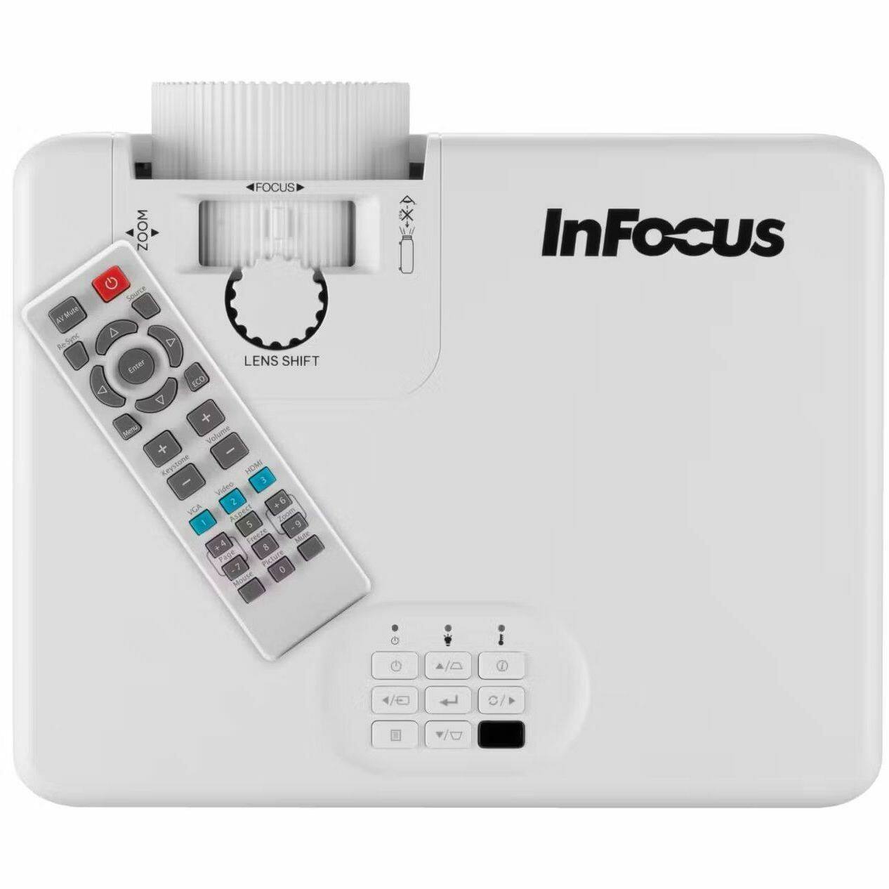 InFocus

FOCUS ZOOM LENS SHIFT

Source A D L

VGA

Keystone

HDMI

USB

AV

TV

Mute

Volume

Enter

Eco

Menu

Back

0 1 2 3 4 5 6 7 8 9

+ -

Redigit

WMate

ECD

+ Mtre

Valeo

2

FE

Pare

Mosise

InFocus