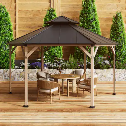 Front. Mondawe - 15Ft Hexagon Hardtop Gazebo with Solar LED Light and Metal Roof - Gray.