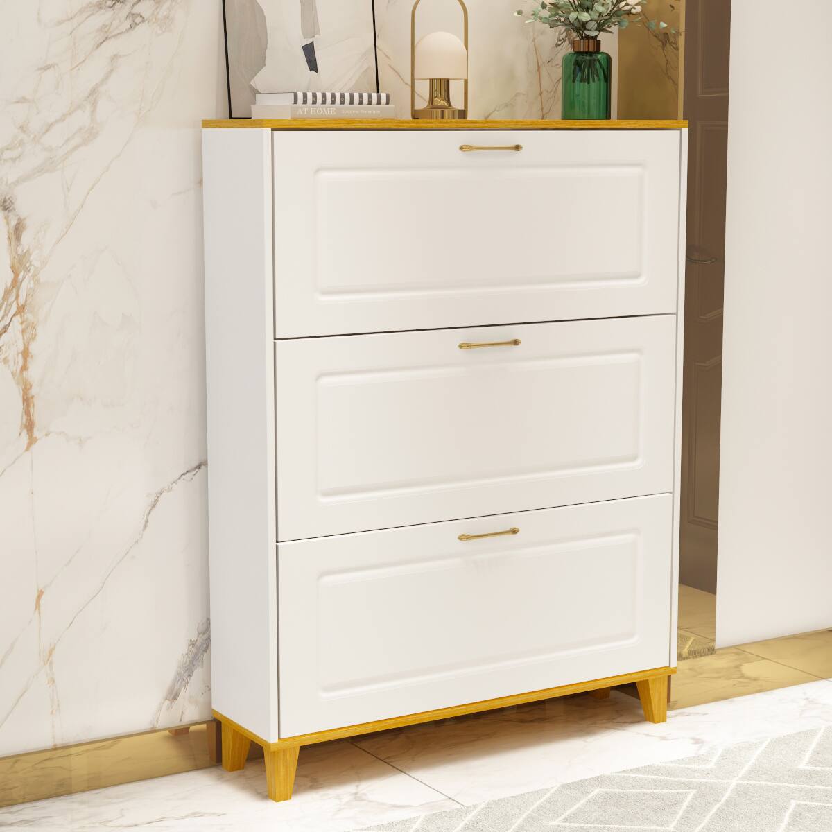 Alt View 4. Famapy - Famapy Modern Flip - Down Shoe Cabinet with Solid Wood Legs - White & Wooden.