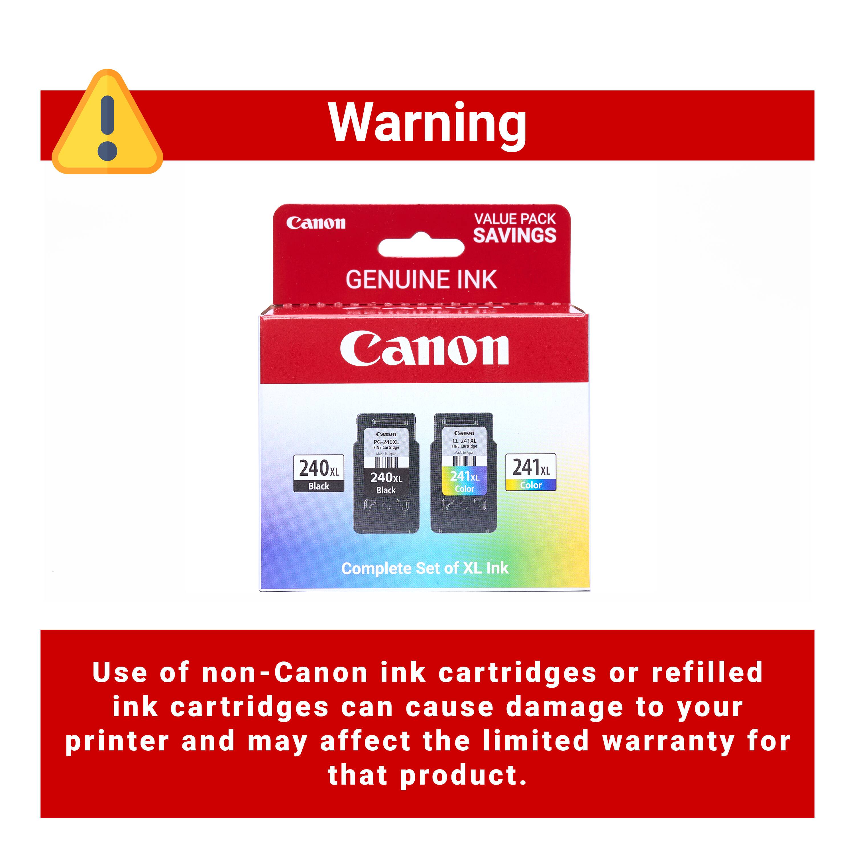 Warning Canon Value Pack Savings Genuine Ink Canon 240xL Black and 240xL Color Complete Set of XL Ink. Use of non-Canon ink cartridges or refilled ink cartridges can cause damage to your printer and may affect the limited warranty for that product.