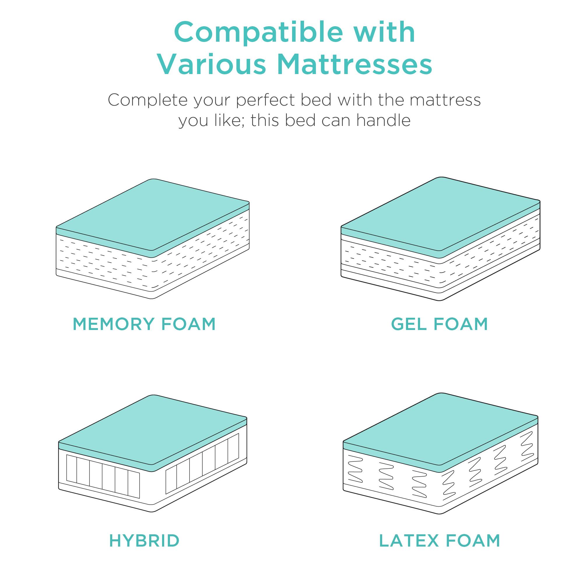 Compatible with Various Mattresses

Complete your perfect bed with the mattress you like; this bed can handle:

- MEMORY FOAM
- GEL FOAM
- HYBRID
- LATEX FOAM