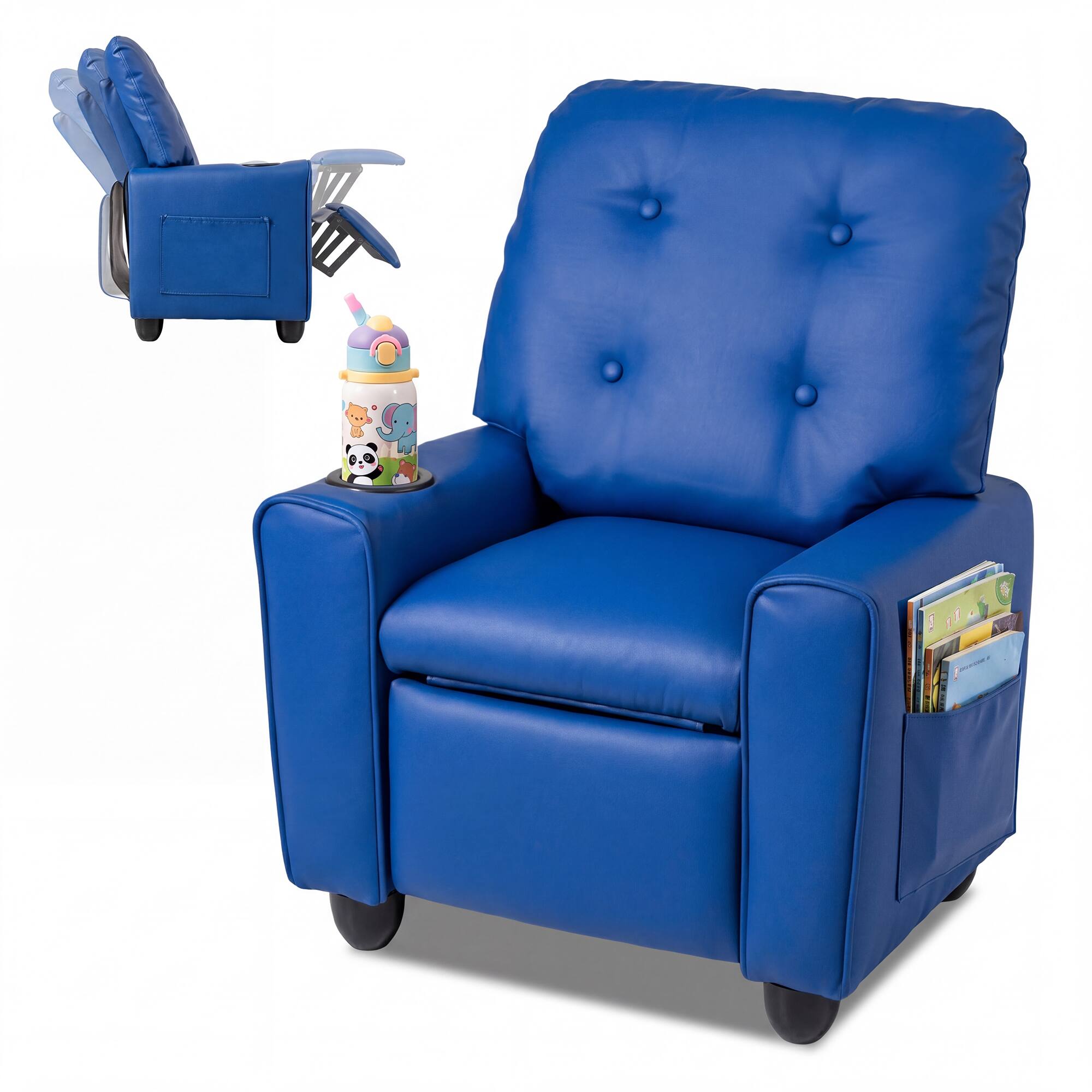 Alt View 7. Costway - Costway Push Back Kids Recliner Chair for Ages 3+, PU Leather Reclining Armchair with Cup Holder - Blue.