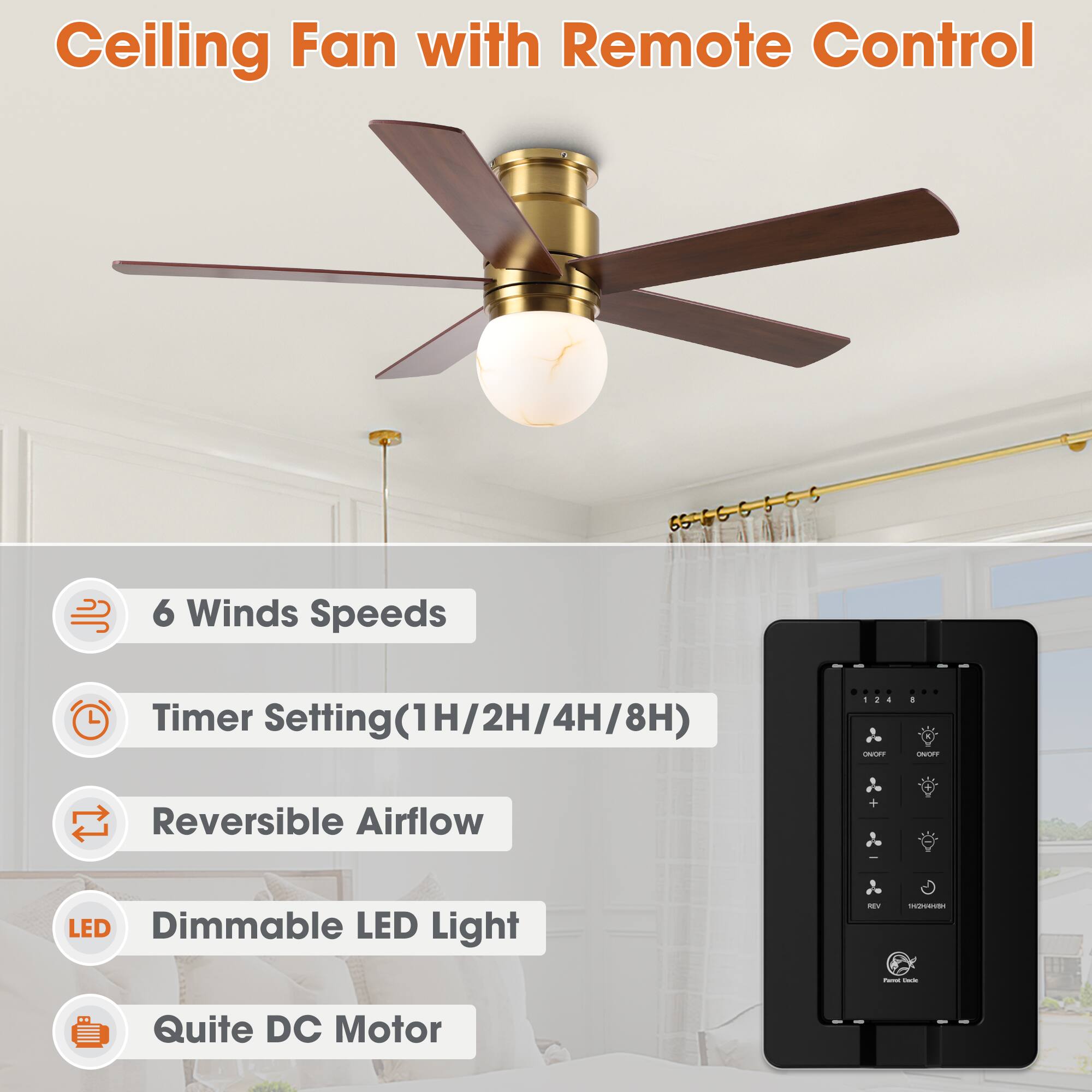 Ceiling Fan with Remote Control

- 6 Winds Speeds
- Timer Setting (1H/2H/4H/8H)
- Reversible Airflow
- Dimmable LED Light
- Quite DC Motor