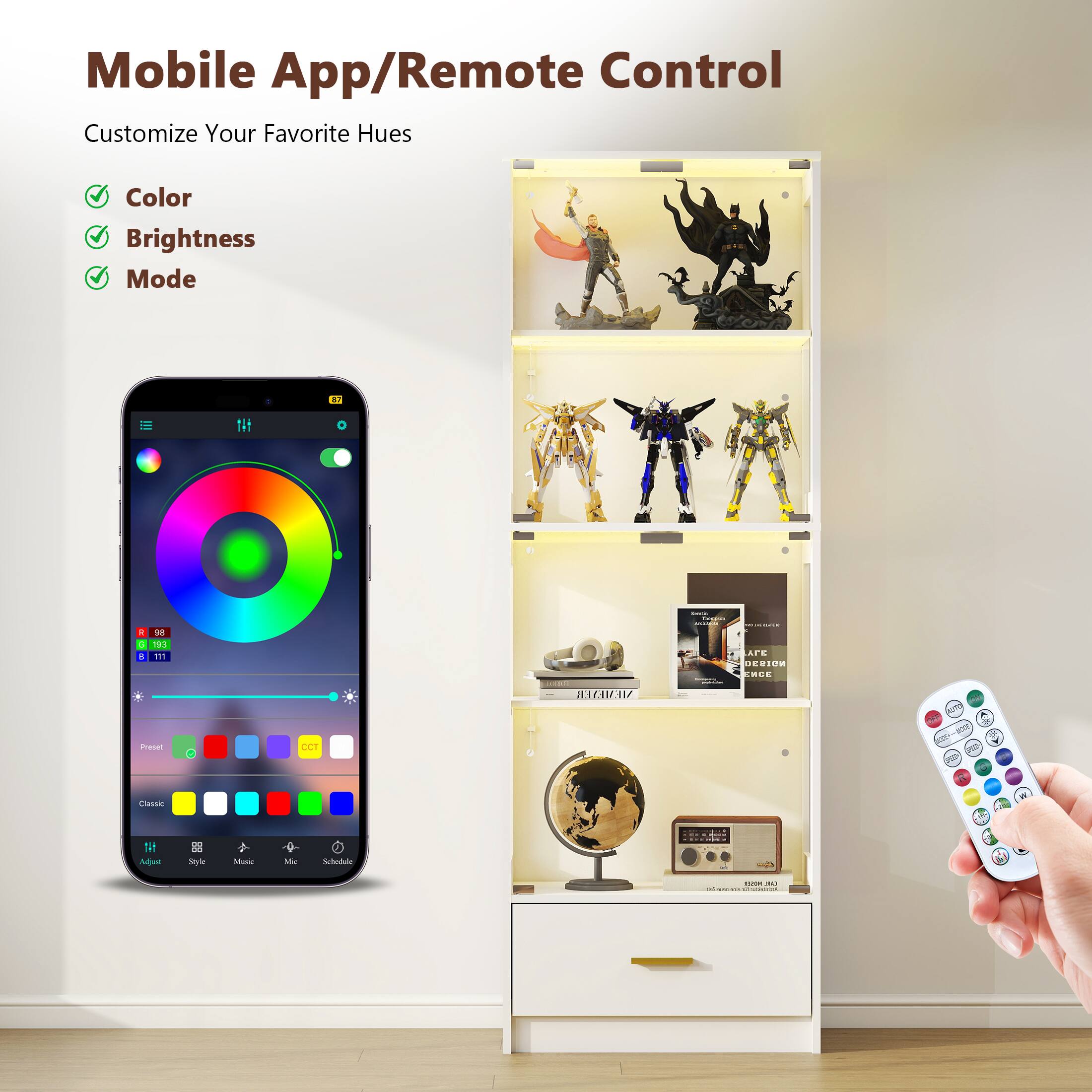 Mobile App/Remote Control

Customize Your Favorite Hues

- Color
- Brightness
- Mode

Preset

Classic

Adjust Style Music Mic Schedule