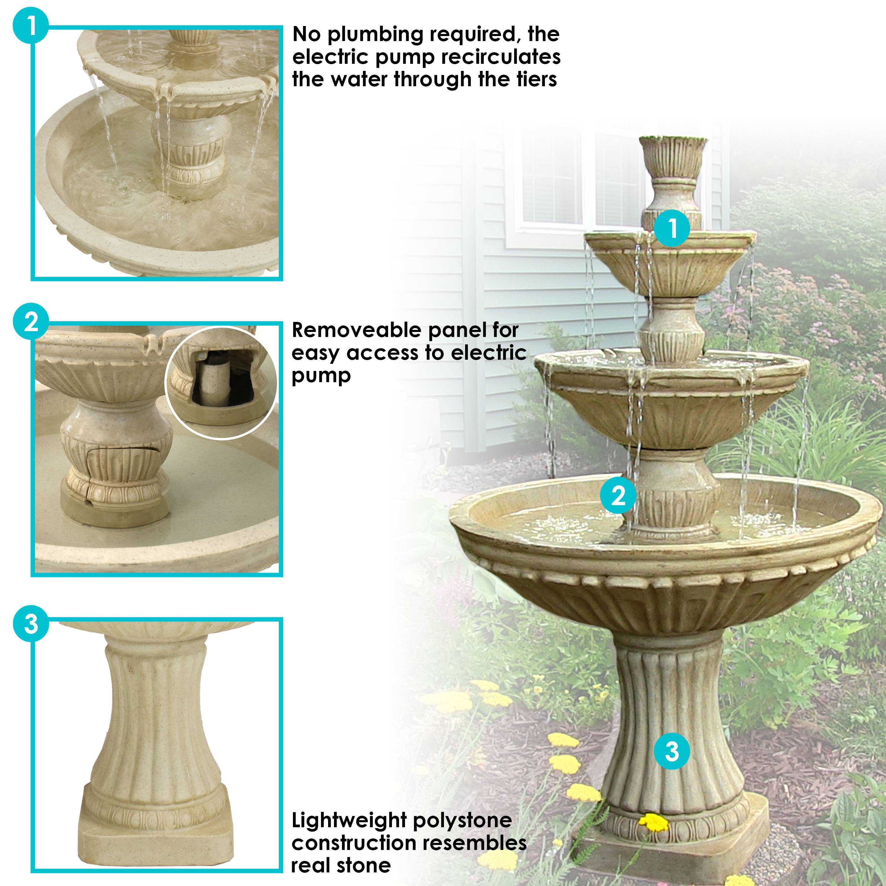 1. No plumbing required, the electric pump recirculates the water through the tiers.

2. Removable panel for easy access to electric pump.

3. Lightweight polystone construction resembles real stone.