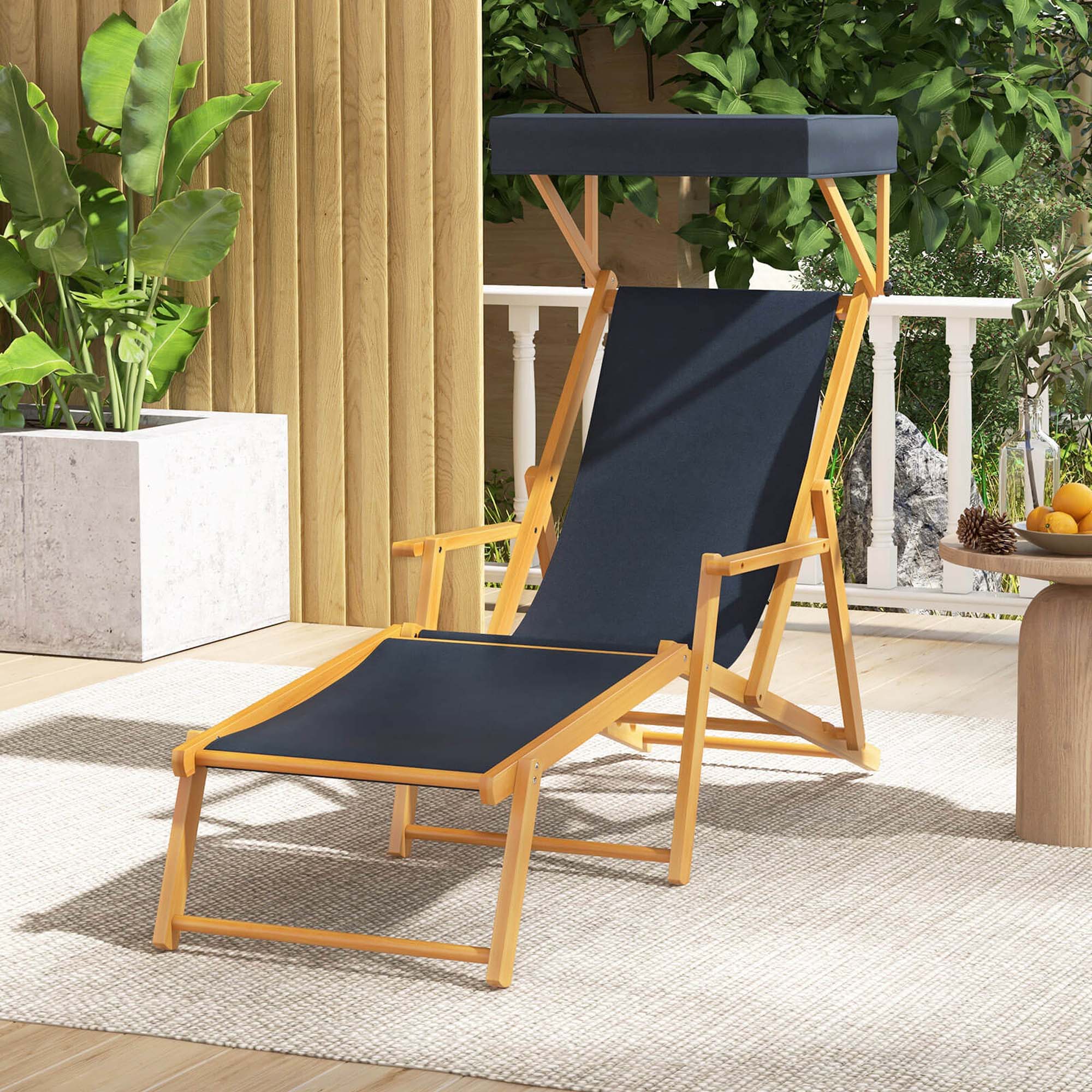 Alt View 1. Costway - Costway Birch Wood Chaise Lounge Chair with Adjustable Canopy Reclining Backrest & Footrest - Navy.