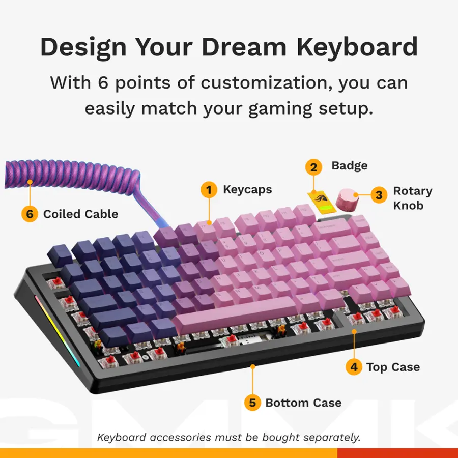 Design Your Dream Keyboard With 6 points of customization, you can easily match your gaming setup. 2 Badge 6 Coiled Cable  I 2  O A S 4 E a 1% L  Y. 1 E 1 N 1 Keycaps O PN 1 1%  I 1 a 4 1 4 LA Q 1 1 Y K 4 M a + M 14 & 4 1 4 3 E  1 3 Rotary Knob  E tran - 4 Top Case 5 Bottom Case Keyboard accessories must be bought separately.