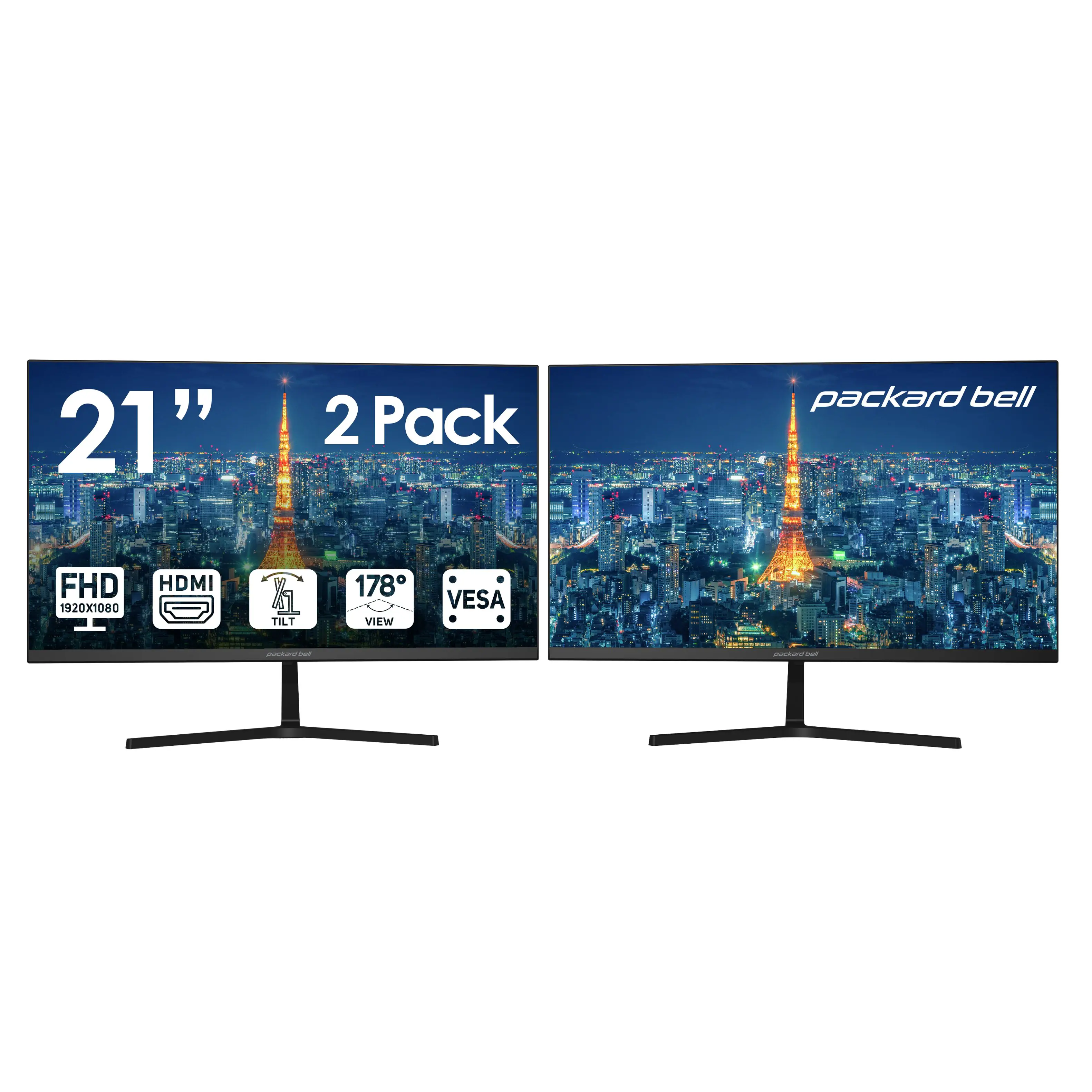 21" 2 Pack  
Packard Bell  
FHD 1920x1080  
HDMI  
Tilt  
178° View  
VESA