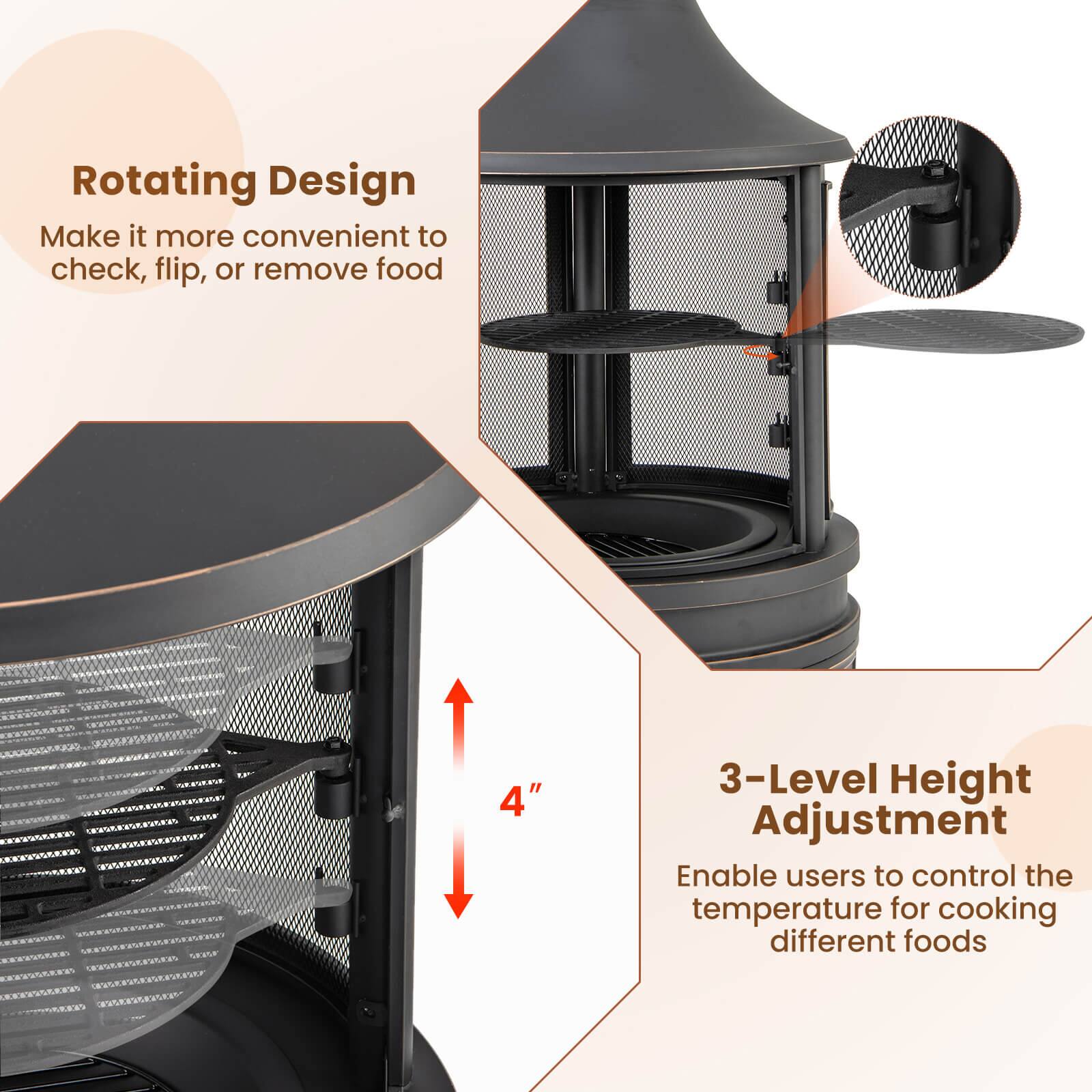 Rotating Design: Make it more convenient to check, flip, or remove food.
4" 3-Level Height Adjustment: Enable users to control the temperature for cooking different foods.