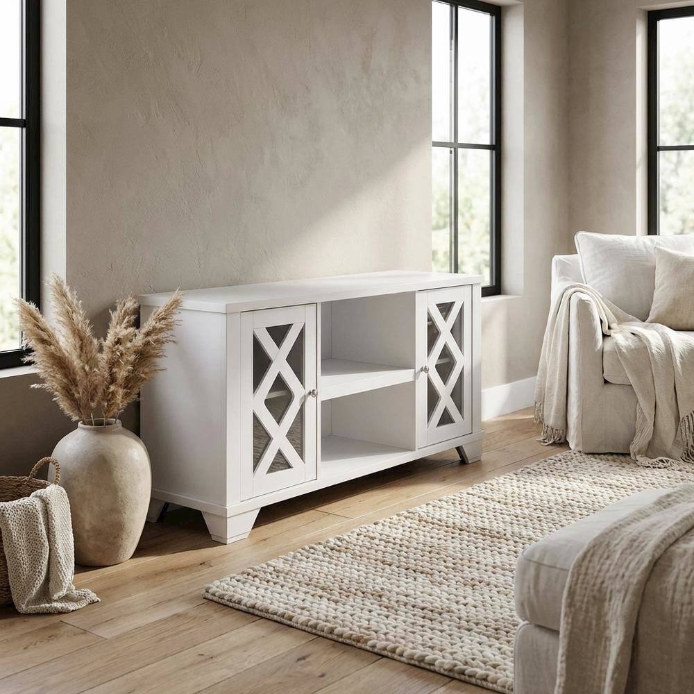 Alt View 2. FurniFact - White TV stand with storage cabinets and open shelves for 55-inch TVs - White.