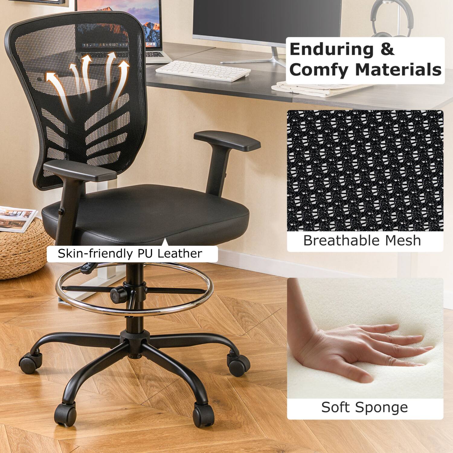 101
Enduring & Comfy Materials
Skin-friendly PU Leather
Breathable Mesh
Soft Sponge