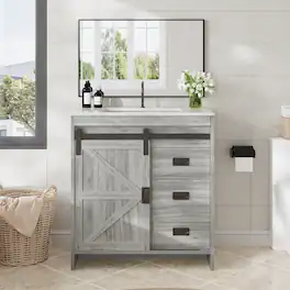 U-HOMY - Farmhouse Bathroom Vanity with Ceramic Top and Sliding Barn Door, Rustic Single Sink Cabinet with Storage - 32"