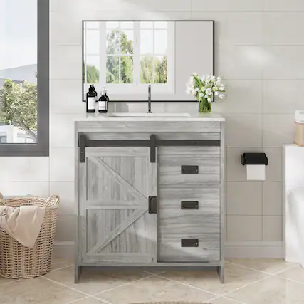 Front. U-HOMY - Farmhouse Bathroom Vanity with Ceramic Top and Sliding Barn Door, Rustic Single Sink Cabinet with Storage - 32".