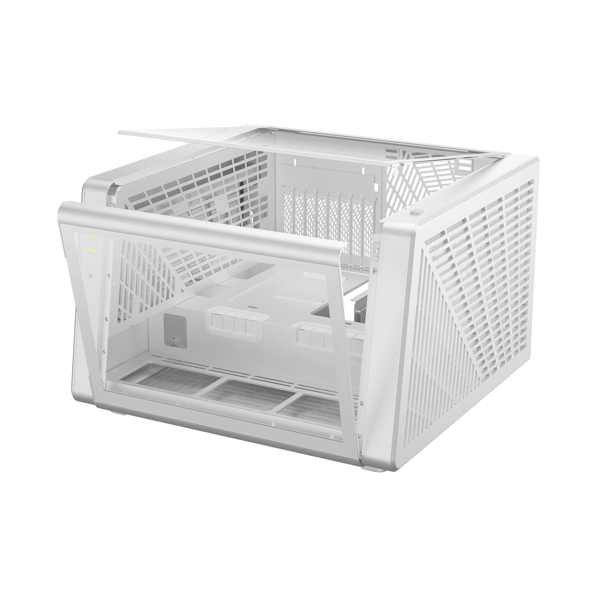 Front. GAMDIAS - NESO P1 White/White Dual Chamber ATX pc case trapezoidal, horizontal or vertical orientation, Fits GPU 426mm. - White.