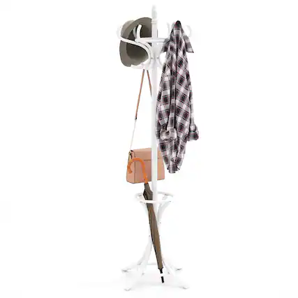 Front. Gymax - Gymax 73'' Freestanding Coat Hanger Stand Coat Rack w/ Umbrella Holder & 12 Hooks White - White.
