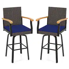 Gymax - 2PCS 29'' Outdoor 360-Degree Swivel Bar Stool w/Cushion Acacia Wood Armrests Footrest Mix Brown & Navy - Blue