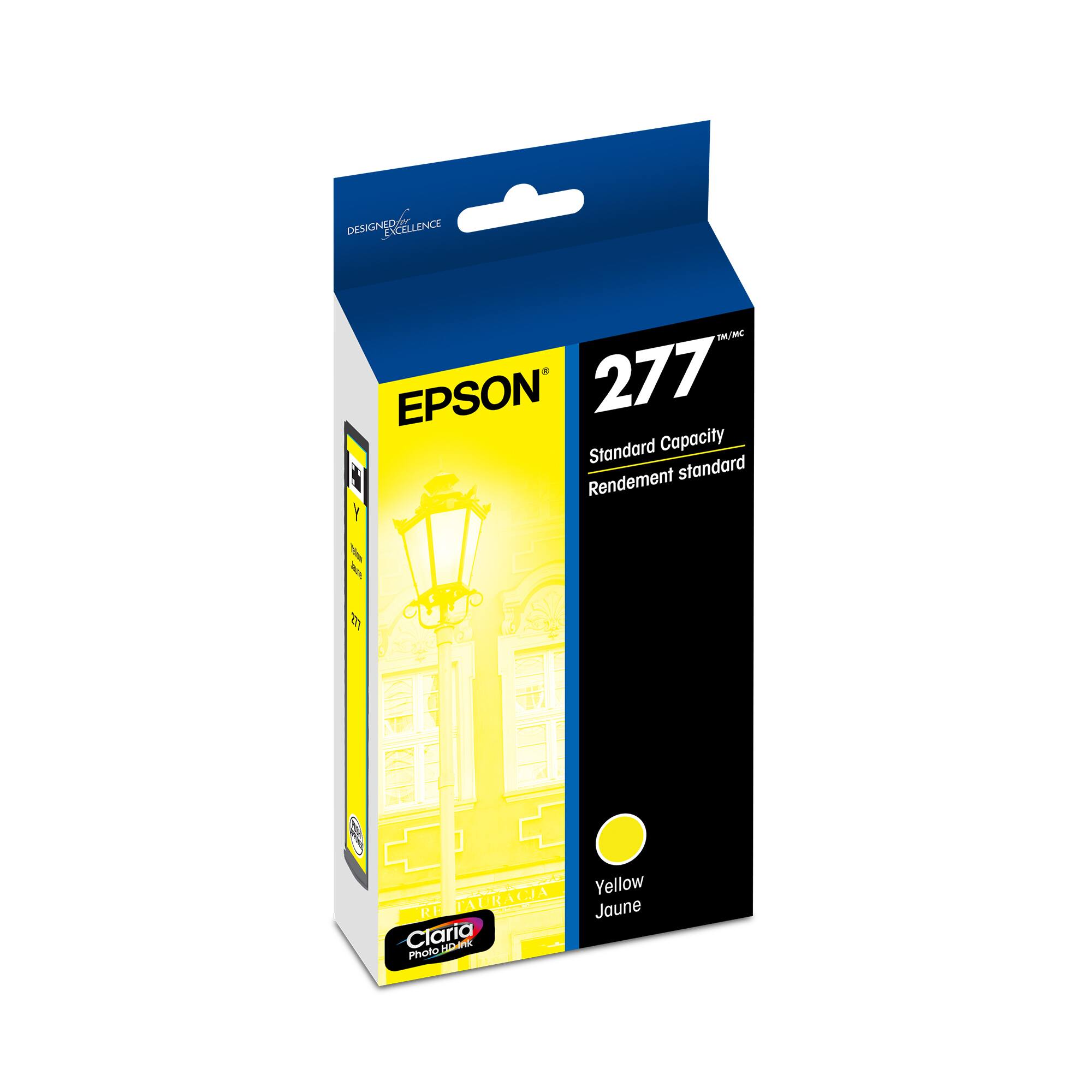 DESIGNED FOR EXCELLENCE

EPSON

277  
Standard Capacity  
Rendement standard

Yellow  
Jaune

Claria  
Photo Ink