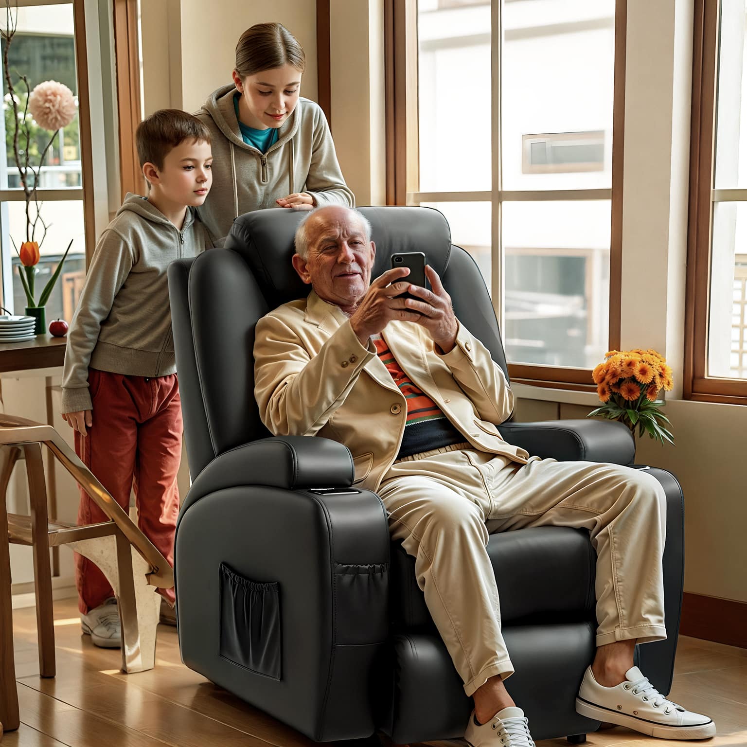 Front. Brick Attic - Electric Lift Recliner Sofa with Massage/ Heating Function, Dual Motors and Max 155° tilt, Single Sofa Home Theater Seat - Black.