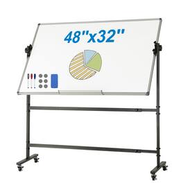 VEVOR - Rolling Whiteboard, 48x32 inch Double-Sided Magnetic Mobile Whiteboard, 360° Reversible Adjustable Height - White
