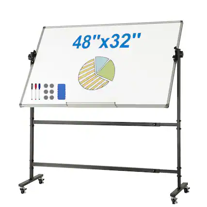 Front. VEVOR - Rolling Whiteboard, 48x32 inch Double-Sided Magnetic Mobile Whiteboard, 360° Reversible Adjustable Height - White.