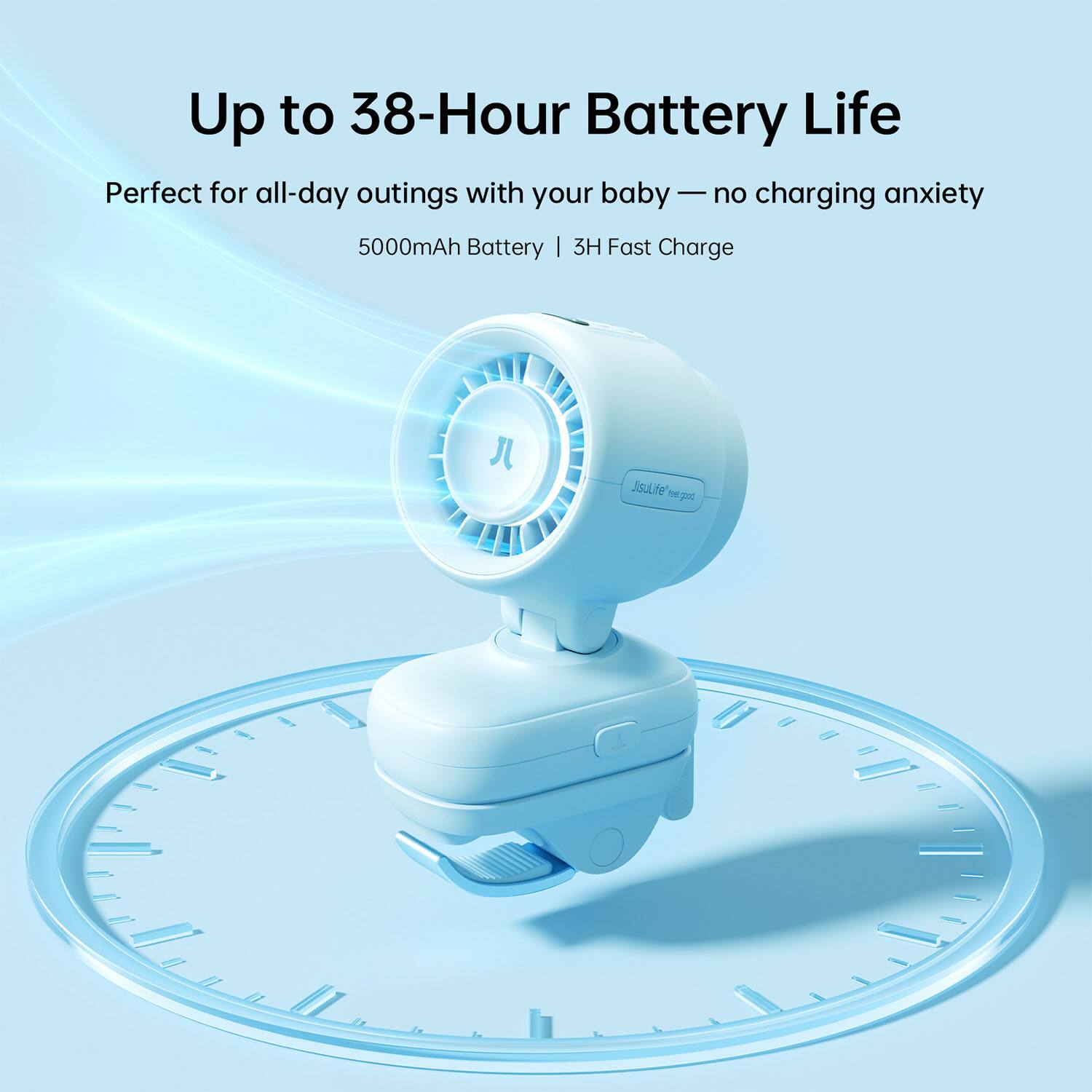 Up to 38-Hour Battery Life  
Perfect for all-day outings with your baby — no charging anxiety  
5000mAh Battery | 3H Fast Charge