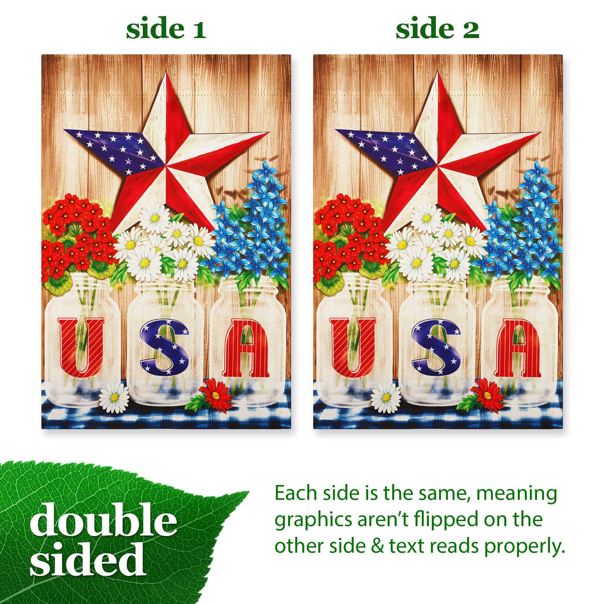 side 1 side 2 USA USA U S A U S A double sided Each side is the same, meaning graphics aren't flipped on the other side & text reads properly.