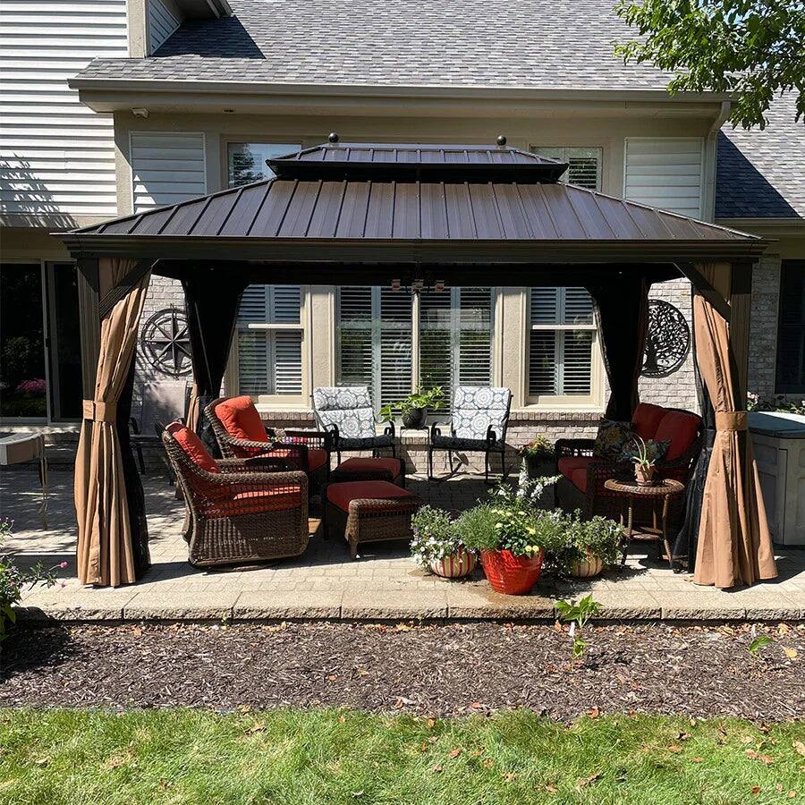 Alt View 1. PURPLE LEAF - 10' X 14' Outdoor Aluminum Hardtop Gazebo with Metal Double Roof with Netting and Curtains, Khaki Permanent Pavilion - 10' X 14'.