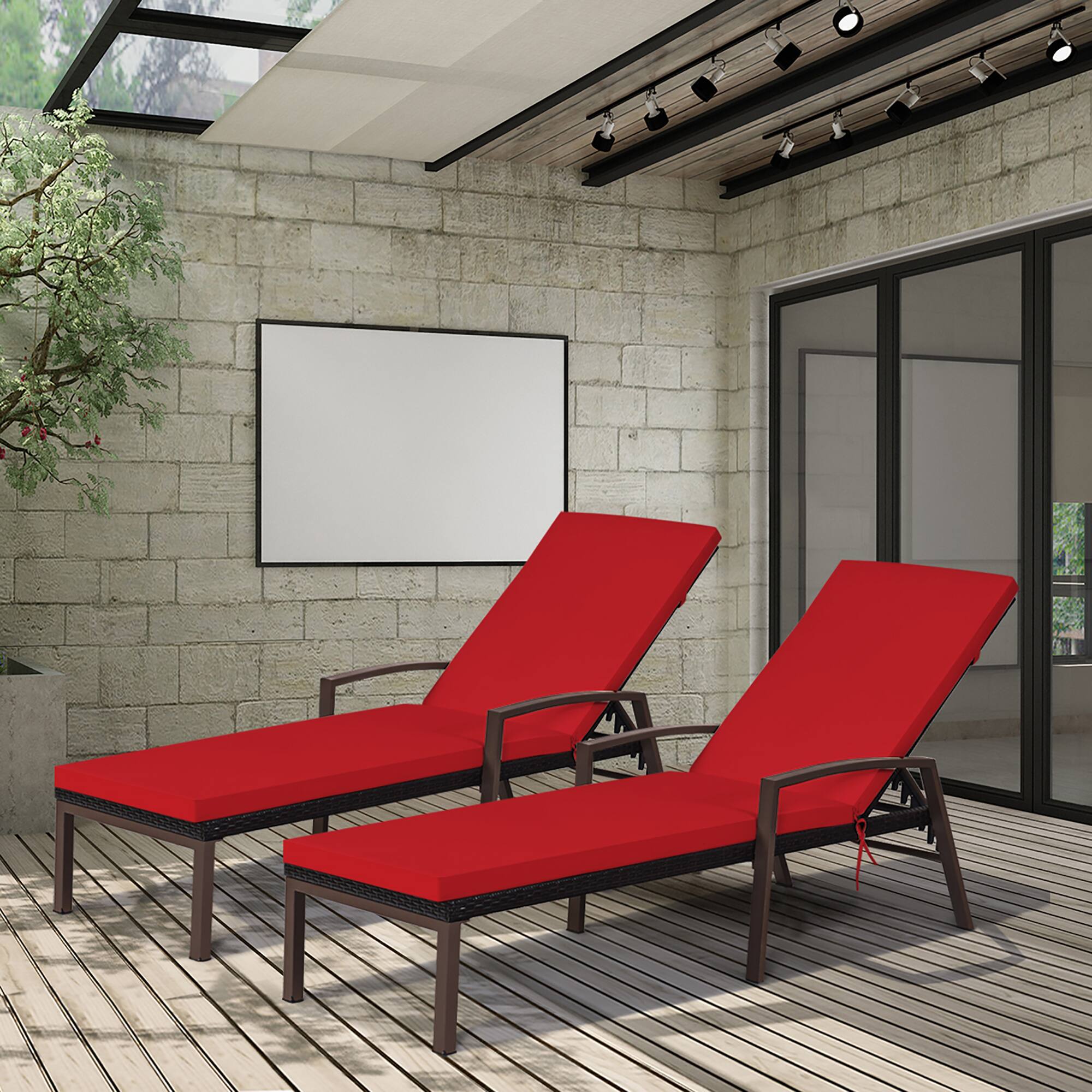 Alt View 3. Costway - 2PCS Patio Rattan Lounge Chair Chaise Recliner Back Adjustable Cushioned - Red.