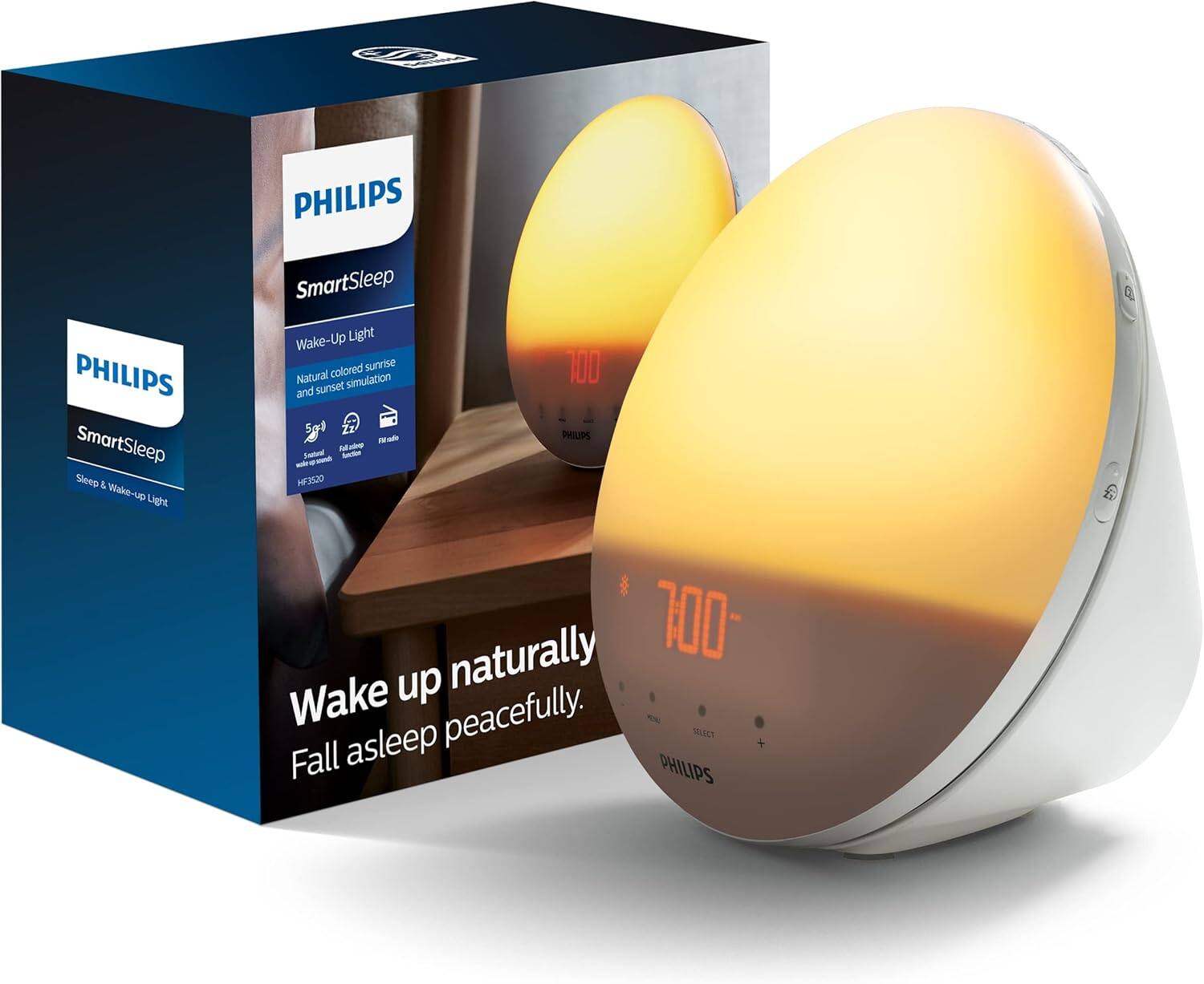 PHILIPS SmartSleep Sleep & Wake-Up Light  
Natural-colored sunrise and sunset simulation  
HF3510  

Wake up naturally  
Fall asleep peacefully.