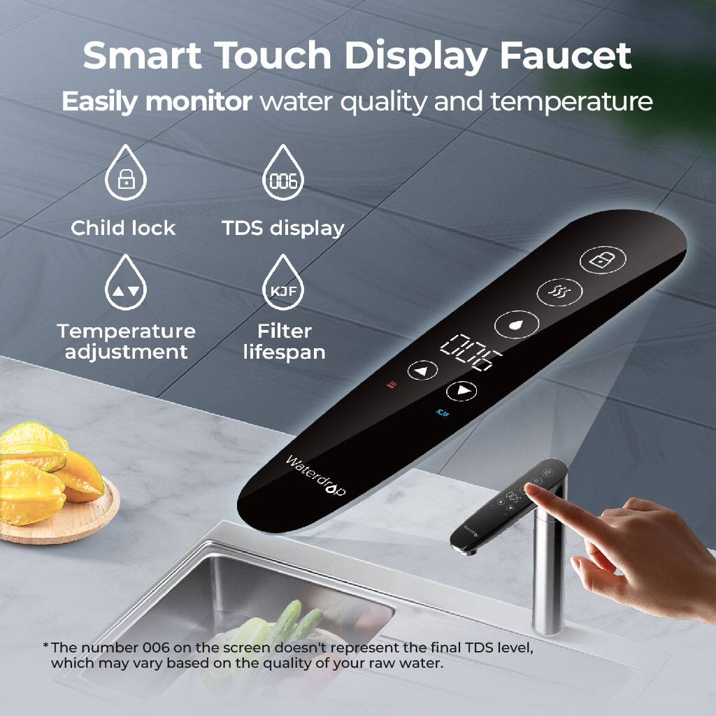 Smart Touch Display Faucet Easily monitor water quality and temperature

Child lock
TDS display
Temperature adjustment
Filter lifespan

*The number 006 on the screen doesn't represent the final TDS level, which may vary based on the quality of your raw water.