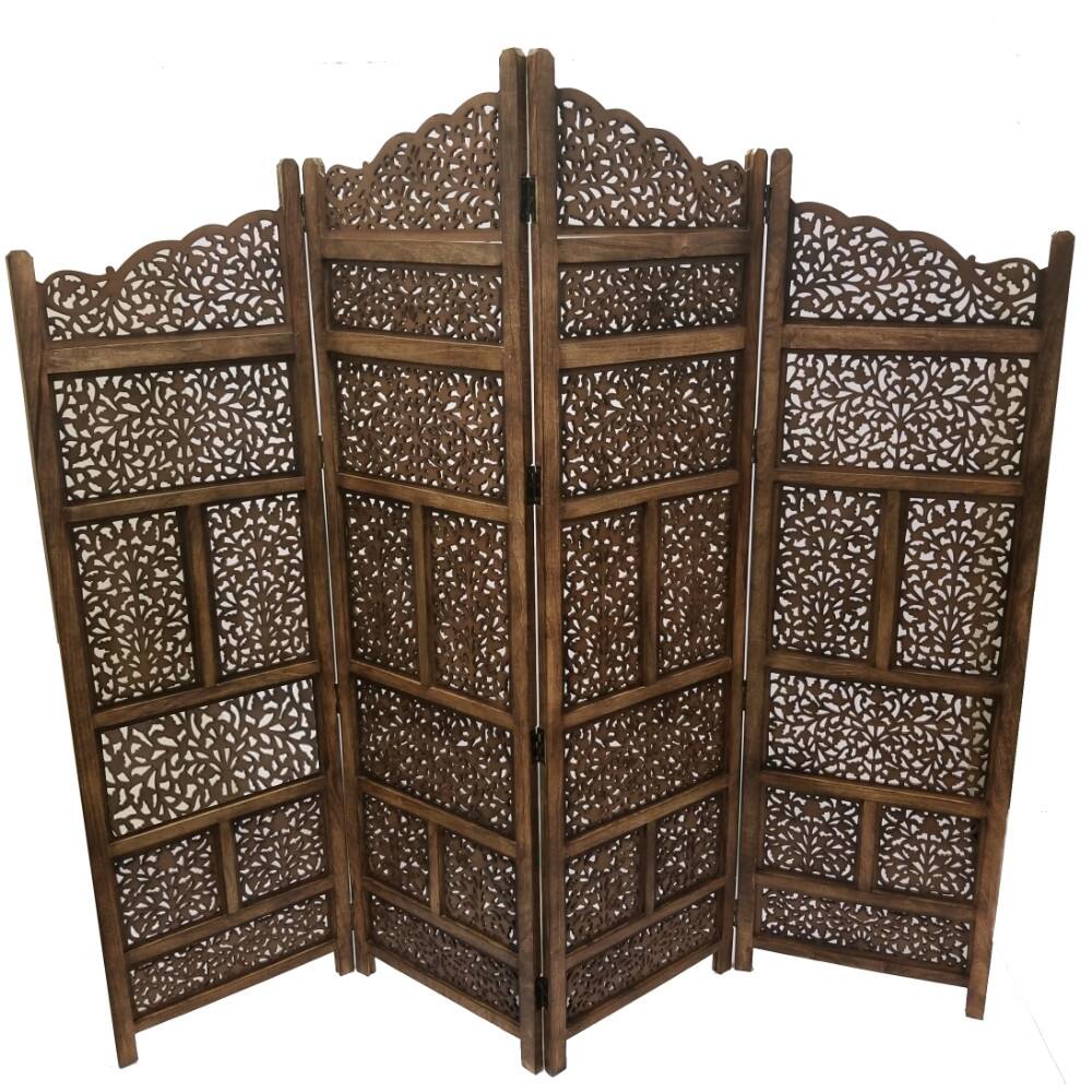 Alt View 1. Manhattan Lane - Benzara Hand Carved Foldable 4 Panel Wooden Partition Screen/RoomDivider - Brown.