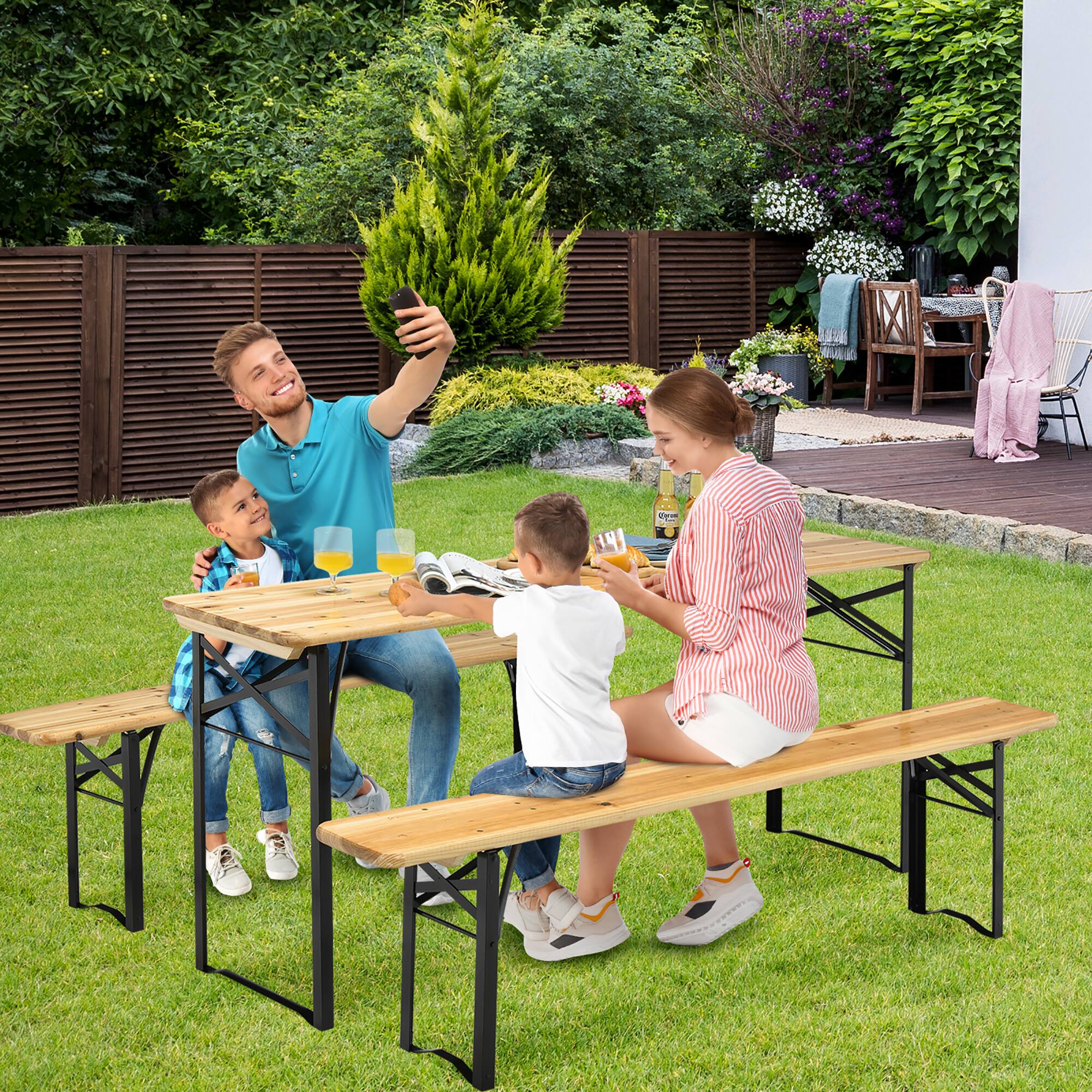 Alt View 4. Costway - Costway 3 PCS Beer Table Bench Set Folding Wooden Top Picnic Table Patio Garden - Natural.