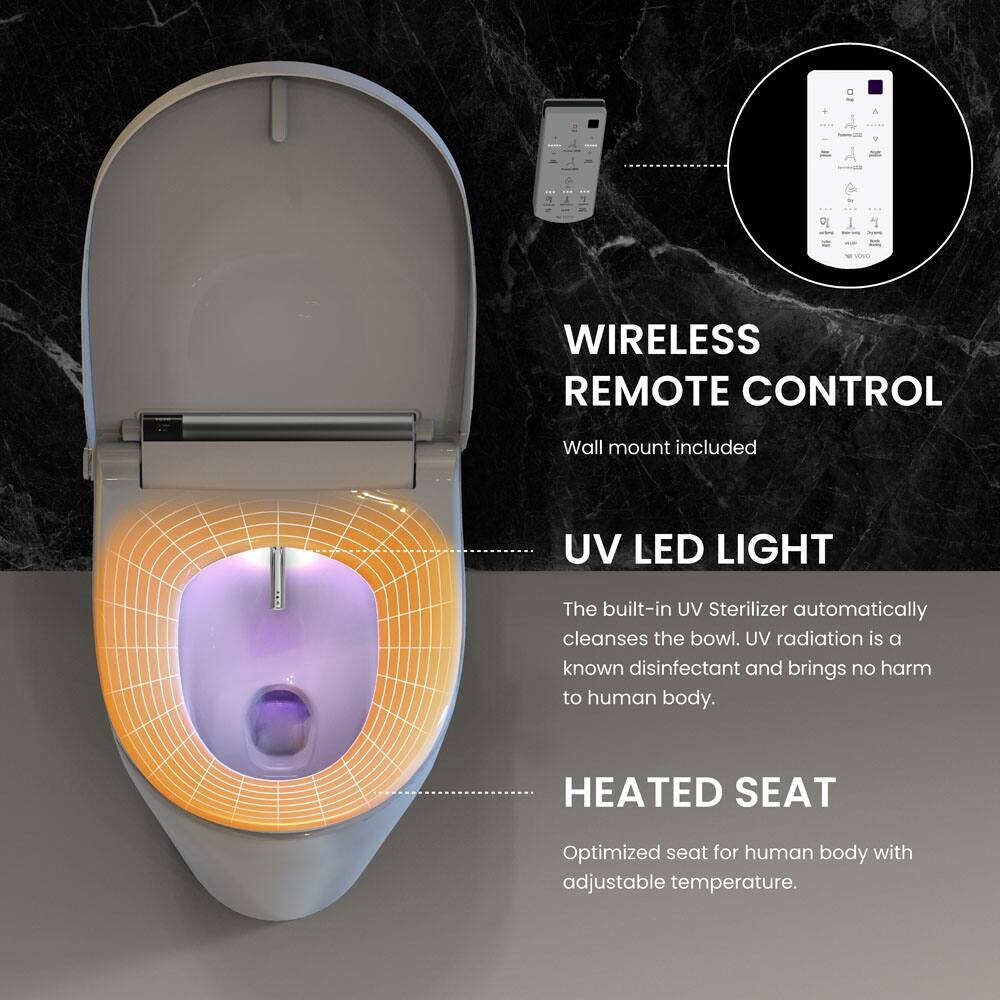 - **WIRELESS REMOTE CONTROL**
  - Wall mount included

- **UV LED LIGHT**
  - The built-in UV Sterilizer automatically cleanses the bowl. UV radiation is a known disinfectant and brings no harm to human body.

- **HEATED SEAT**
  - Optimized seat for human body with adjustable temperature.