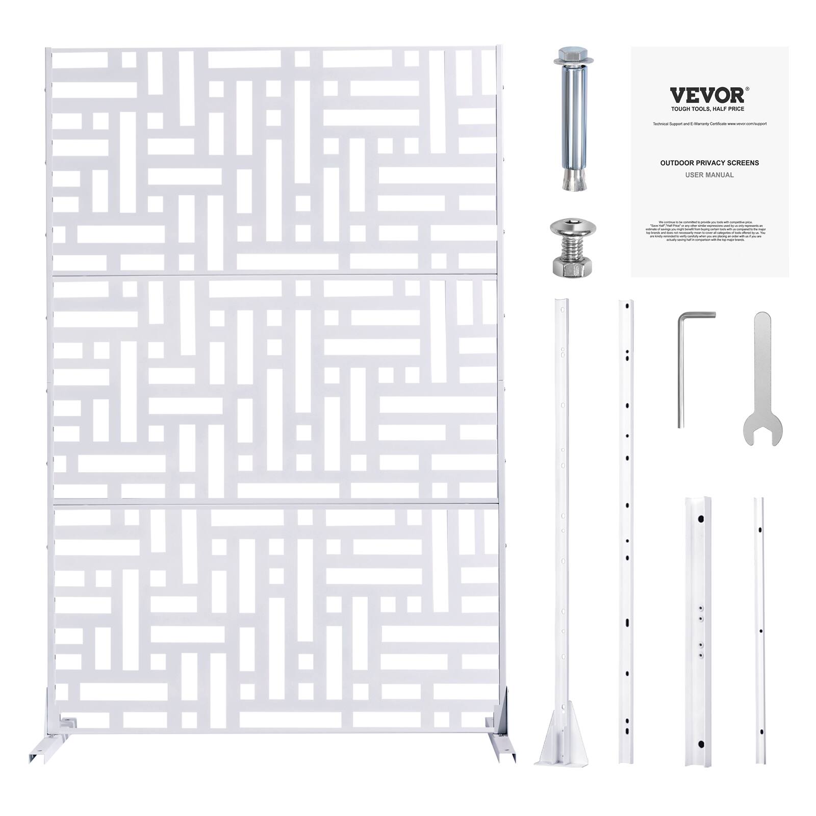 VEVOR  
TOUGH TOOLS, HALF PRICE  

OUTDOOR PRIVACY SCREENS  
USER MANUAL  

VEVOR  
TOUGH TOOLS, HALF PRICE  
Technical Support and Energy Certificate: www.vevor.com/support  

OUTDOOR PRIVACY SCREENS  
USER MANUAL  

[Text in the image is not fully legible, but it appears to be instructions or information related to the product.]