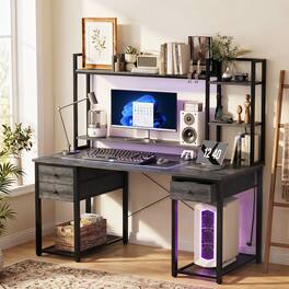 Aheaplus - Computer Desk with Hutch, Gaming Desk with Drawers, LED Lights, Outlets, and Monitor Stand - Gray Oak