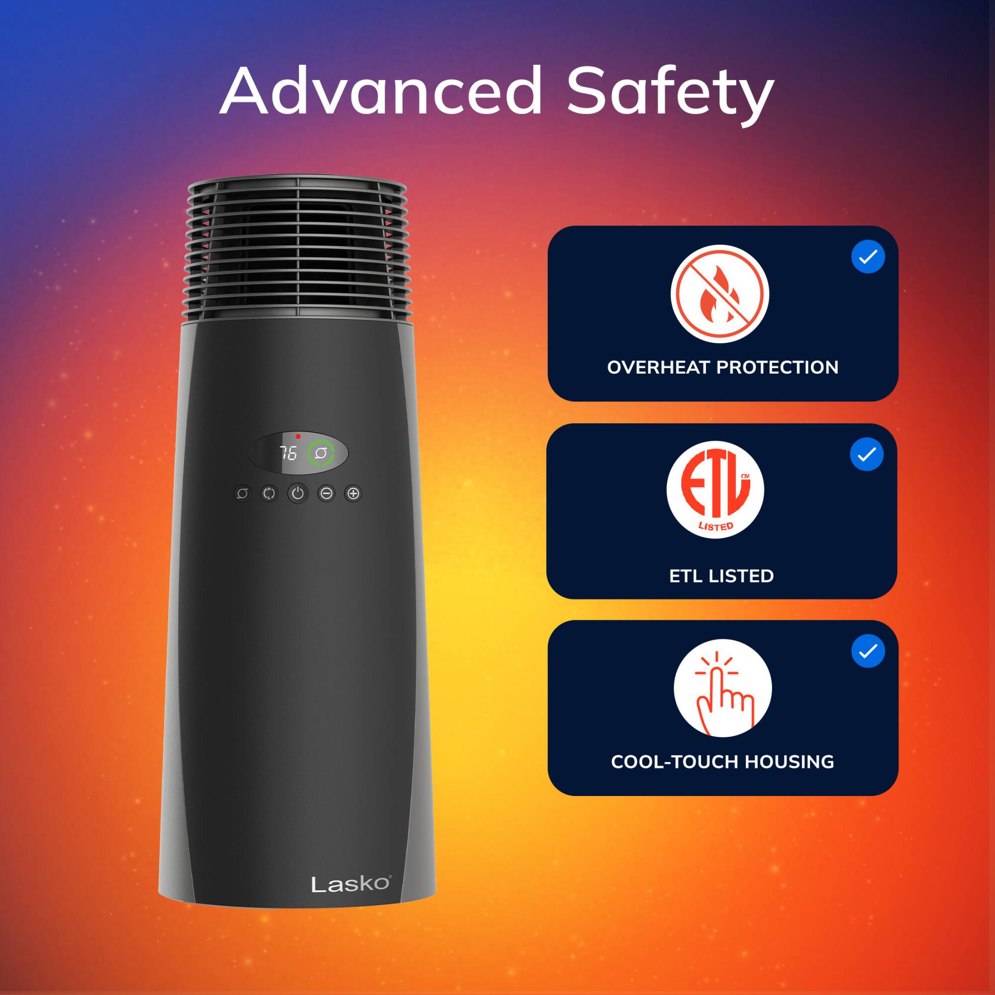 Advanced Safety

- OVERHEAT PROTECTION
- ETL LISTED
- COOL-TOUCH HOUSING

Lasko