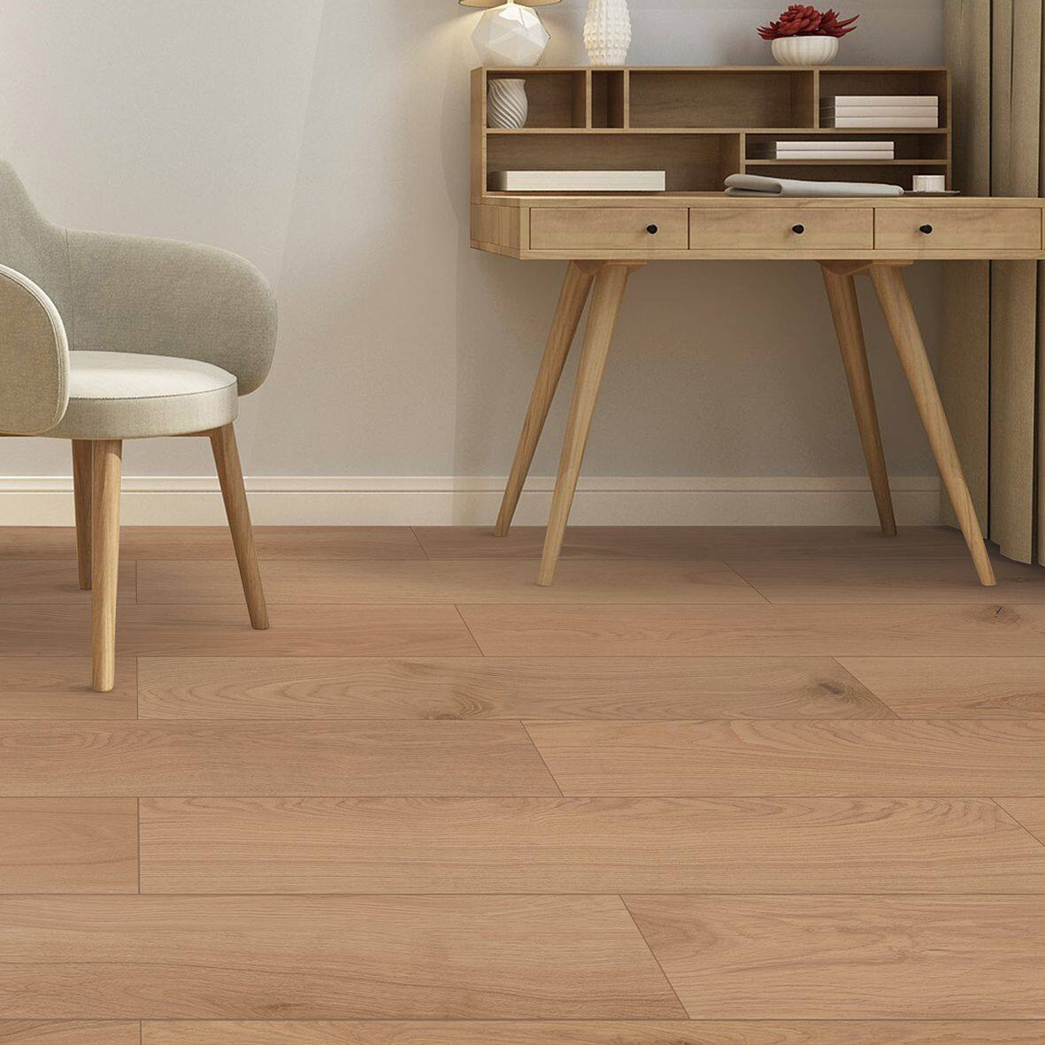 Left. Dotfloor - Superoak Lite Laminate Flooring - 48"x7.7" Planks, 10 Planks/Box (25.6 sq ft/Box), 9.5mm Thick, AC4 Wear Rating - Latte.