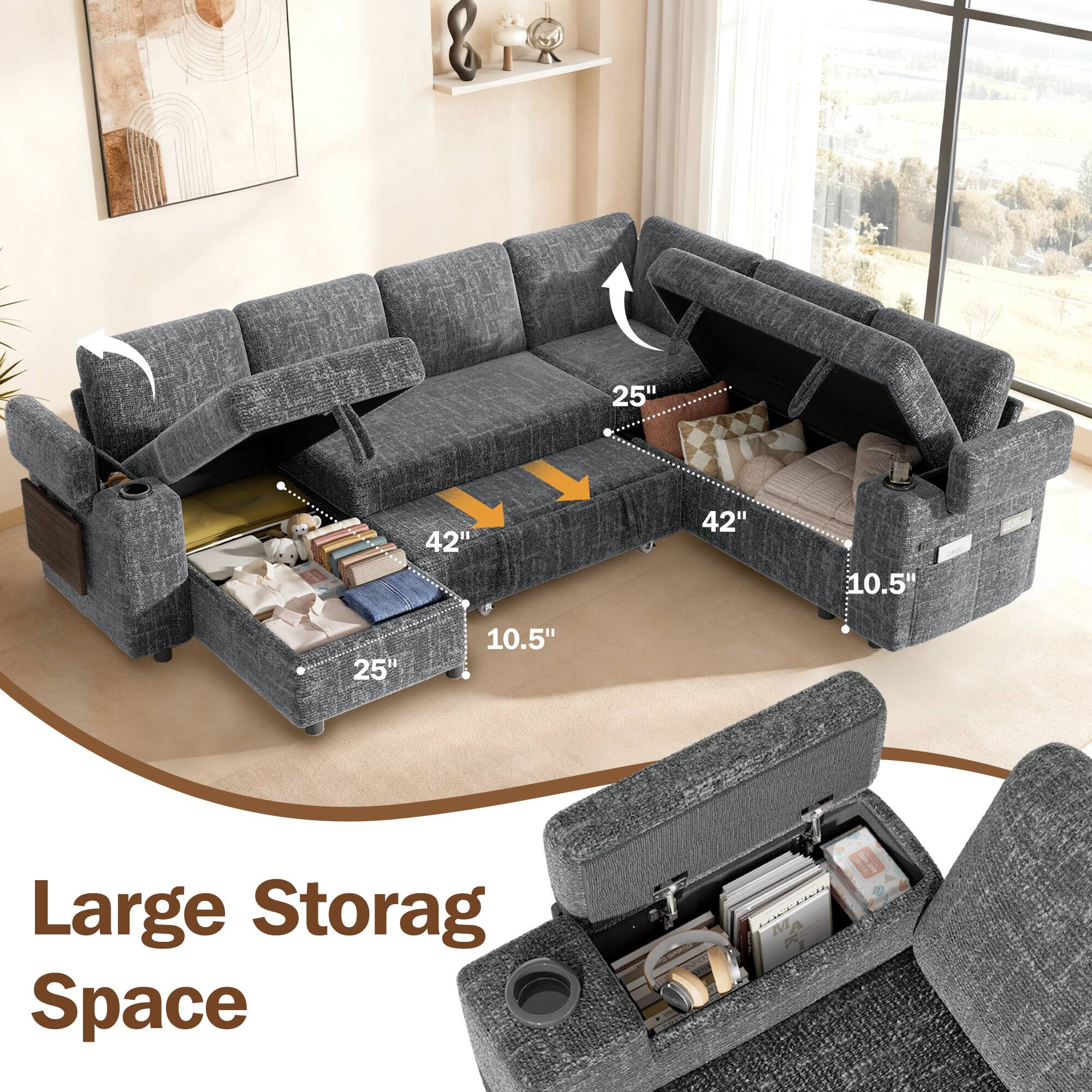 Left. Dyonery - 110" Modular 7 Seat L Shaped Couch with Reclining Backrest|USB Ports|Cup Holders|Side Table|Storage Chaise Armrests - Grey.