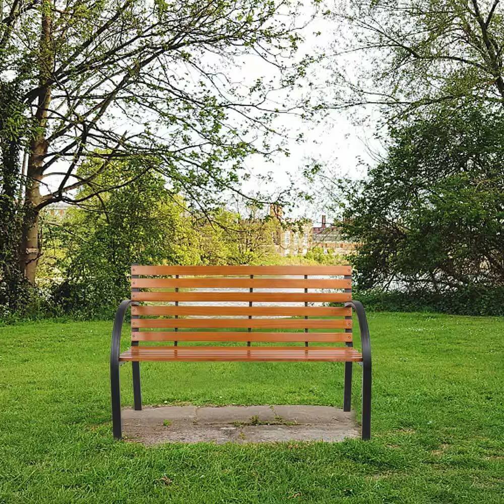 Back. Hivvago - Black Metal Frame Outdoor Wood Slat Garden Bench with Curved Armrests - Natural.