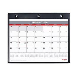 Staples - 2026 11" x 8" Monthly Calendar, (ST12949-26) - White/Red/Gray