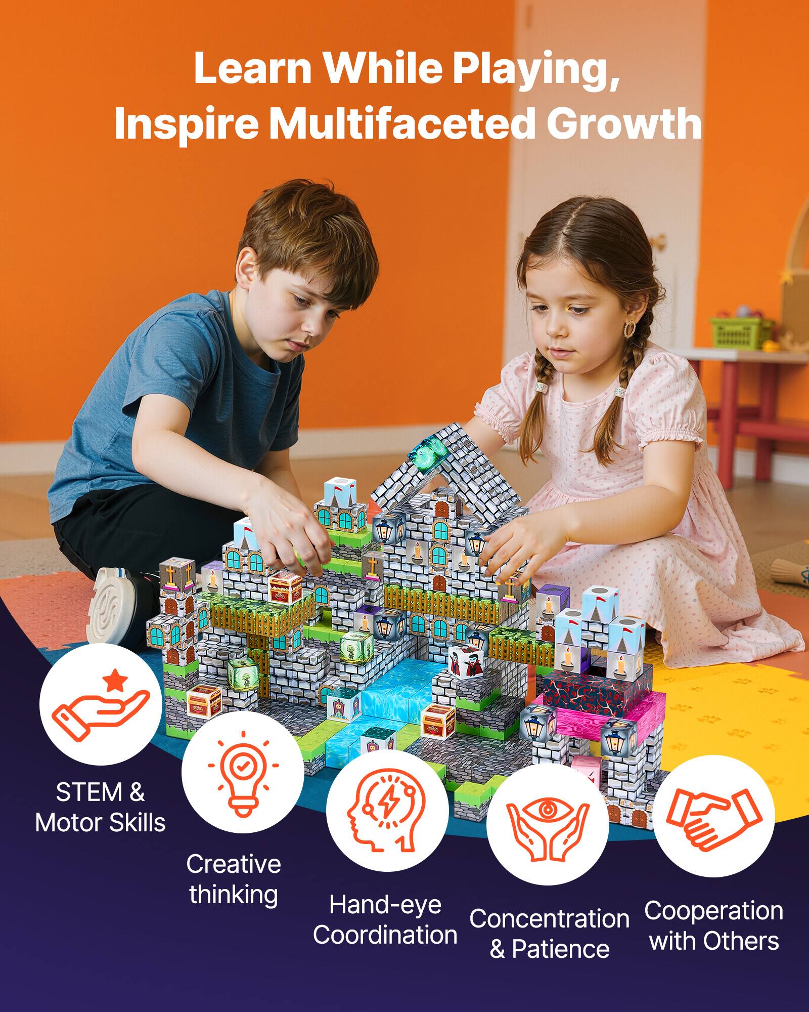 Learn While Playing, Inspire Multifaceted Growth
STEM & Motor Skills
Creative thinking
Hand-eye Coordination
Concentration & Patience
Cooperation with Others
